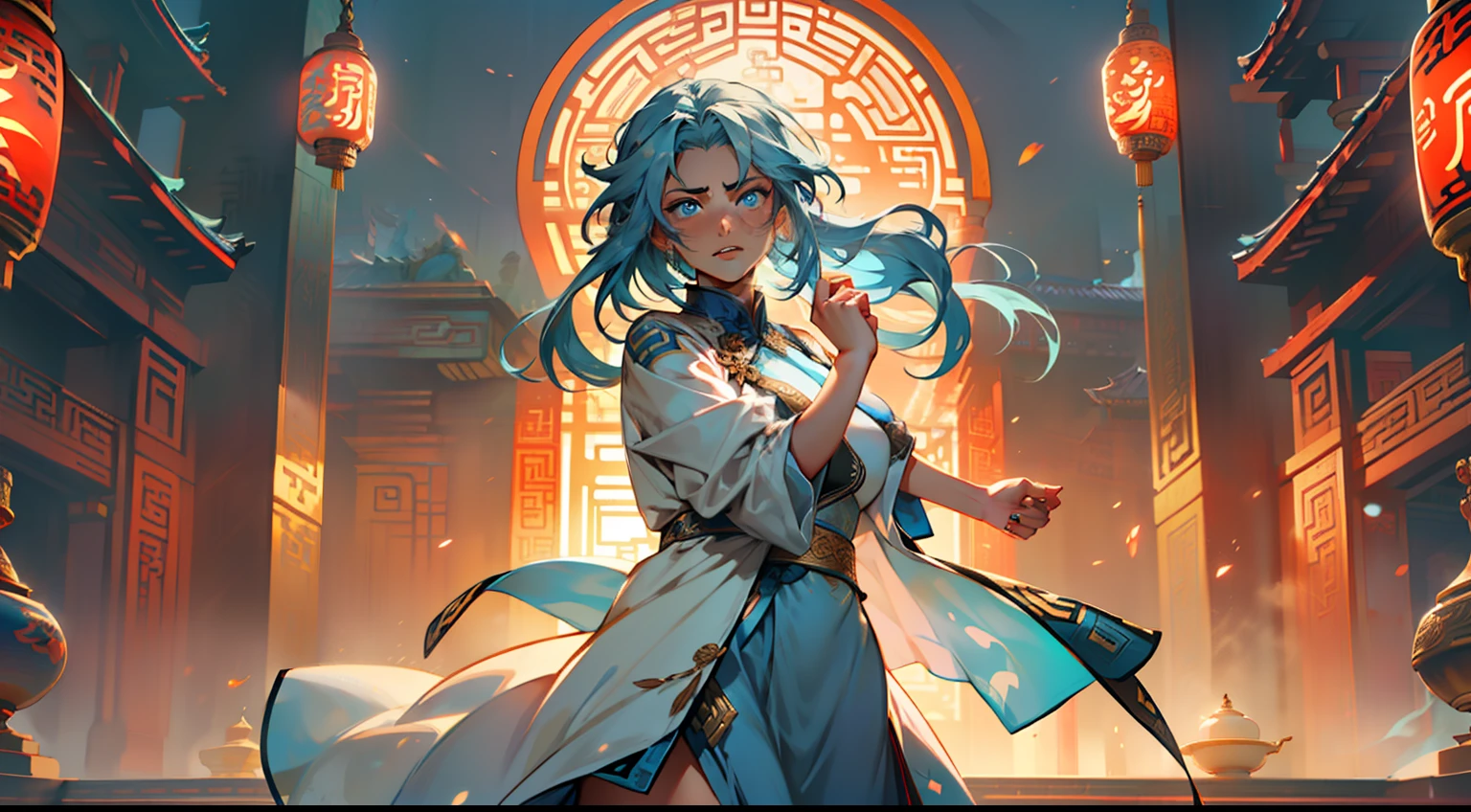 5, (1 person) (girl, (((Blue Eyes))), (((Long Blue hair))), Light blue dress with white light gauze jacket, young woman graceful and dignified, her eyes filled with determination and moved emotions) (Background: Inside the sacred and magnificent ancient Chinese imperial palace).