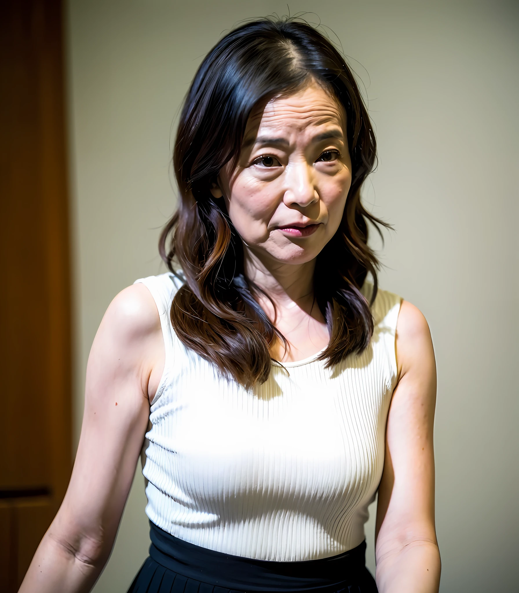 ((top-quality、8K、masterpiece:1.3))、Photorealsitic, foco nítido, high-level image quality, hight resolution, Portrait, Solo, japanes, Middle-aged woman, Beautie, 55 years old, plump, Wavy Hair, Sleeveless, Wrinkles at the corners of the eyes, Fluttering skirt,Complex