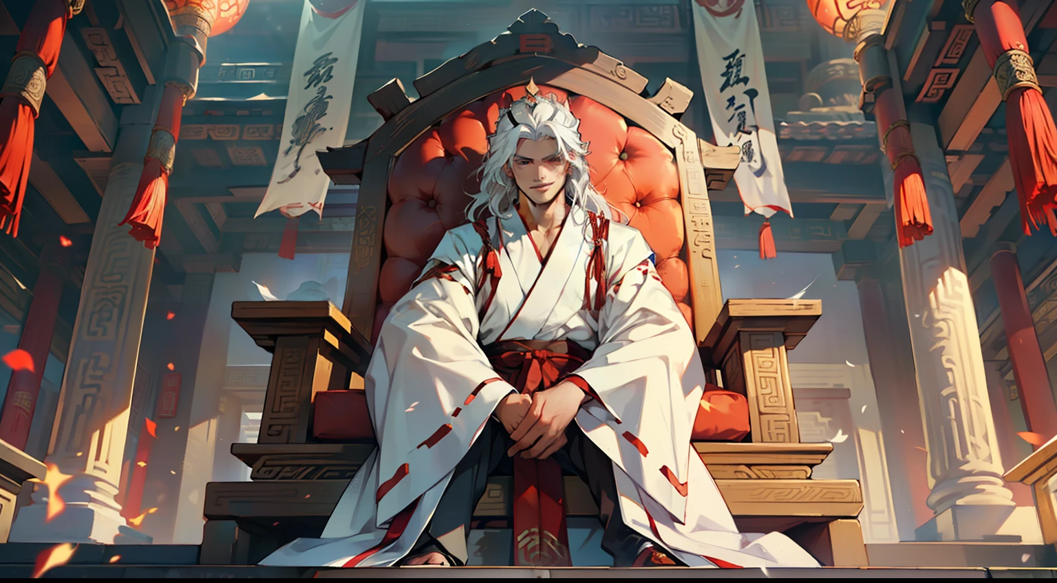 6, (1 person) (boy, ((white Hanfu youth)), (((Long white hair))), kingly air, gorgeous, handsome, outstanding temperament, sitting on the sacred throne, smiled) (Background: Inside the sacred and magnificent ancient Chinese imperial palace).