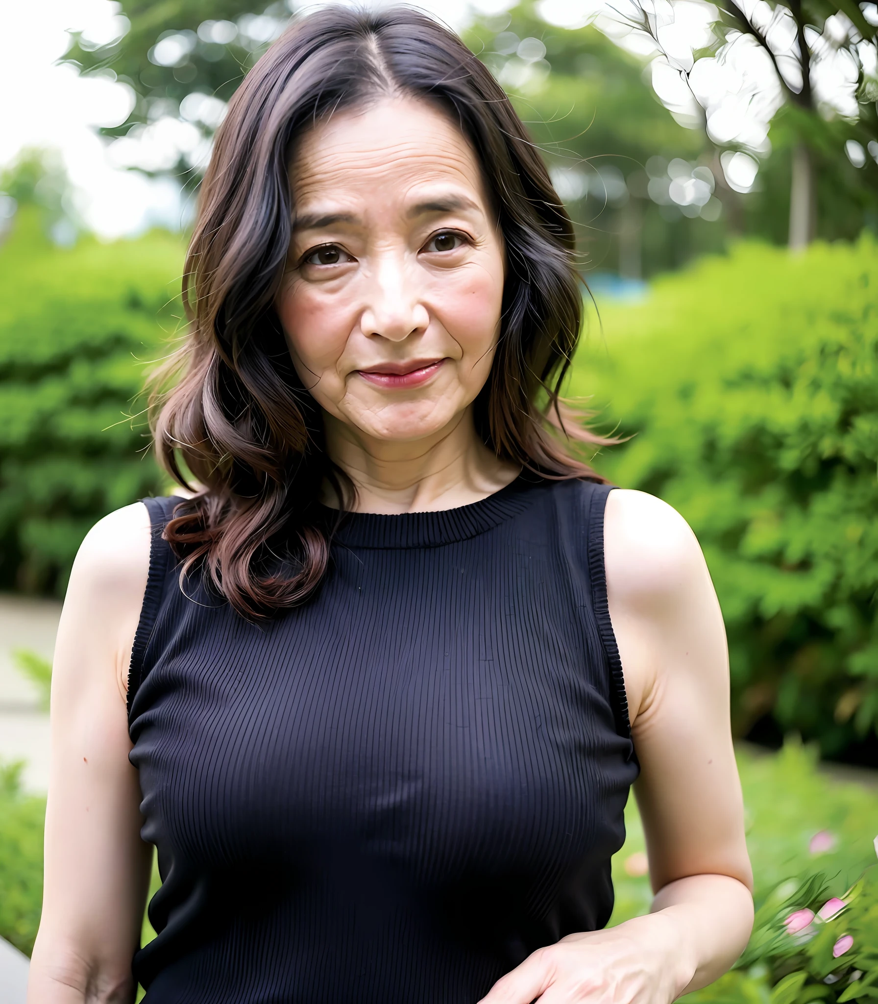 ((top-quality、8K、​masterpiece:1.3))、Photorealsitic, foco nítido, high-level image quality, hight resolution, Portrait, Solo, japanes, Middle-aged woman, Beautie, 55 years old, plump, Wavy Hair, Sleeveless, Wrinkles at the corners of the eyes, Fluttering skirt,Complex