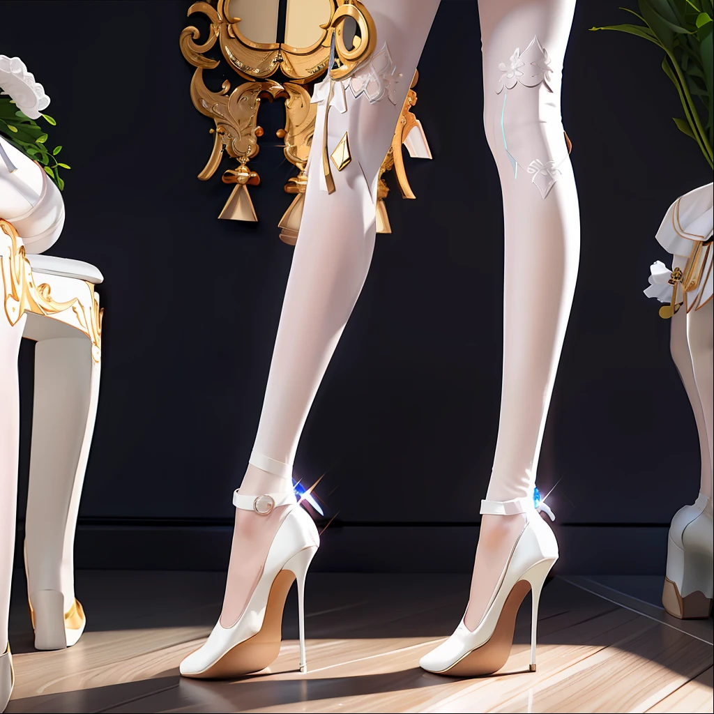 There was a woman in high heels standing on a wooden floor, Wearing white tights, anime barbie in white stockings, White tights, Full length and white stockings, White stockings, wearing heels and white dress, elegant legs, High heels. anime style at pixiv, White shoes, High heels, Wearing stockings. the sideview, close-up on legs