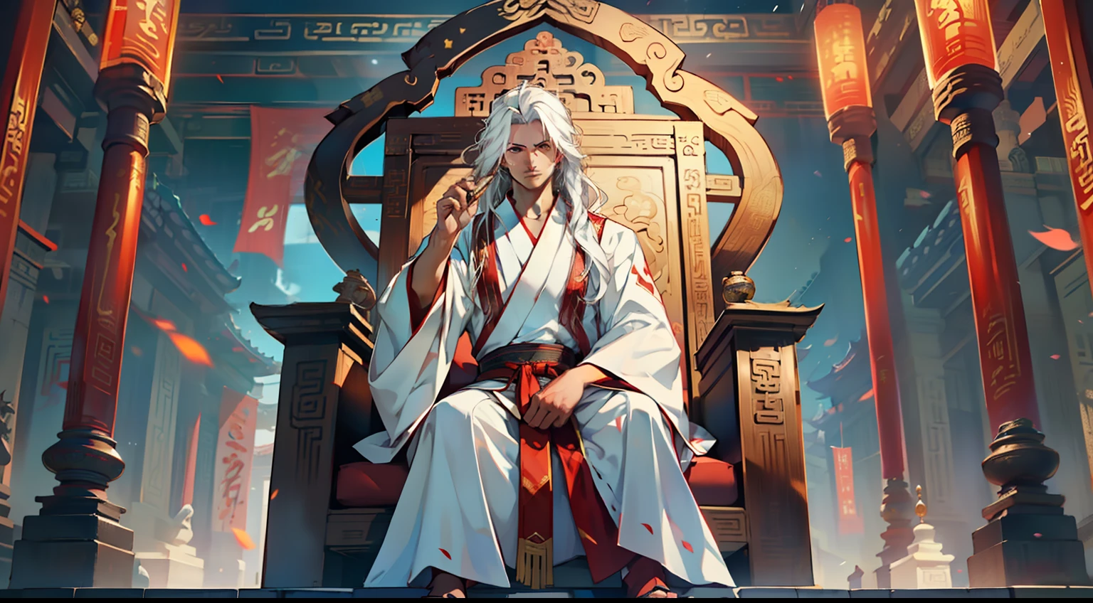 7, (1 person) (boy, ((white Hanfu youth)), (((Long white hair))), kingly air, gorgeous, handsome, outstanding temperament, sitting on the sacred throne, spoke mockingly) (Background: Inside the sacred and magnificent ancient Chinese imperial palace).