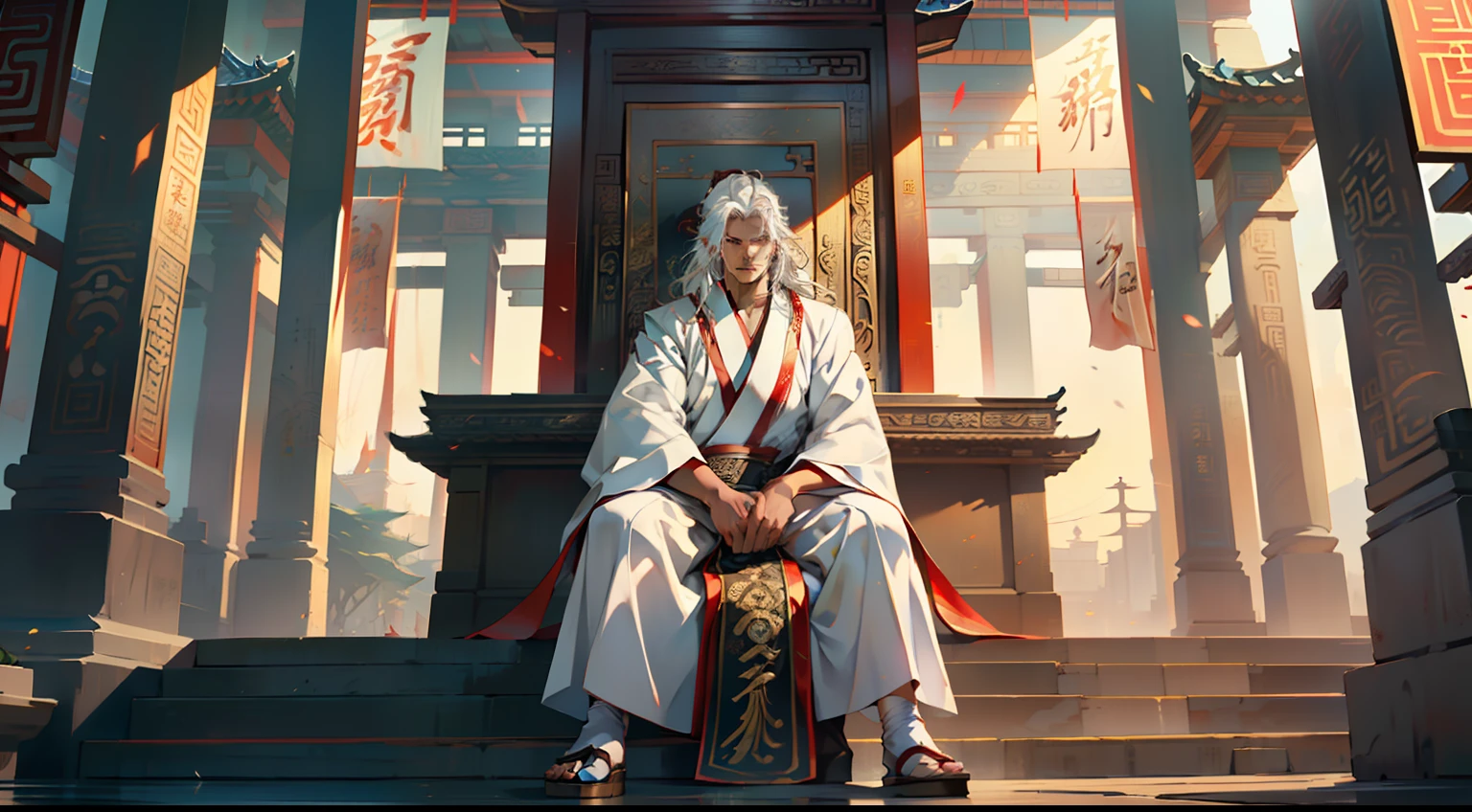7, (1 person) (boy, ((white Hanfu youth)), (((Long white hair))), kingly air, gorgeous, handsome, outstanding temperament, sitting on the sacred throne, spoke mockingly) (Background: Inside the sacred and magnificent ancient Chinese imperial palace).
