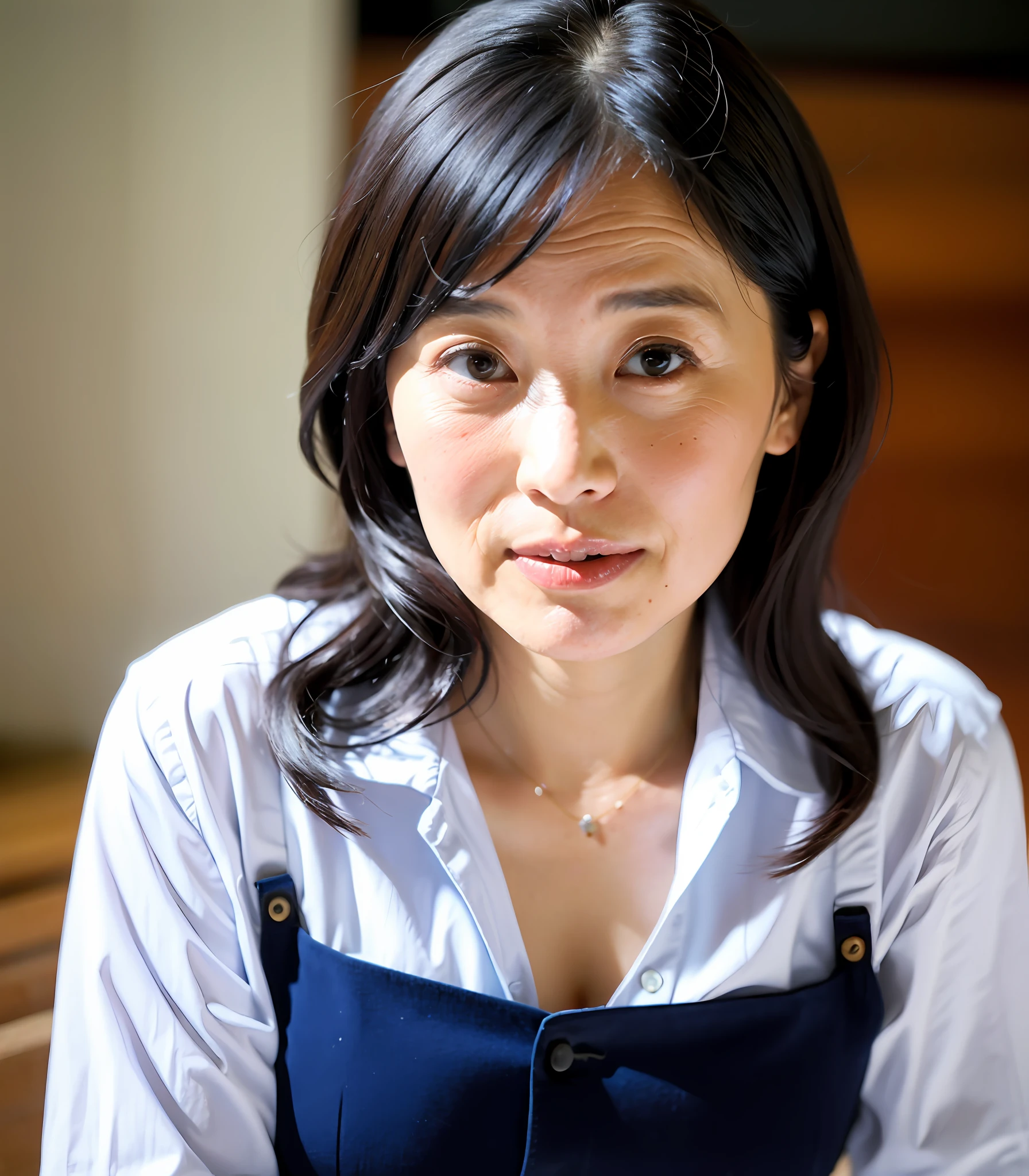 ((top-quality、8K、masterpiece:1.3))、Photorealsitic, foco nítido, high-level image quality, hight resolution, Portrait, Solo, japanes, Middle-aged woman, Beautie, Glimpse of cleavage, 60 years old, Plump, Wavy Hair, The shirt, Wrinkles at the corners of the eyes, Fluttering skirt,white shirt