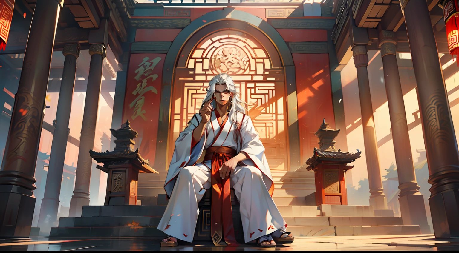 7, (1 person) (boy, ((white Hanfu youth)), (((Long white hair))), kingly air, gorgeous, handsome, outstanding temperament, sitting on the sacred throne, spoke mockingly) (Background: Inside the sacred and magnificent ancient Chinese imperial palace).