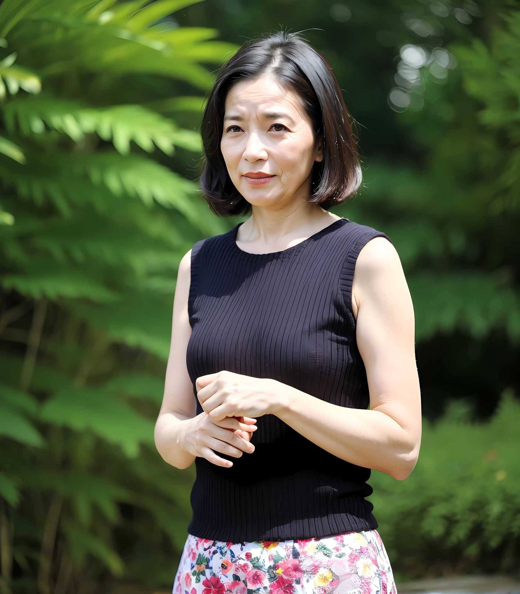 ((top-quality、8K、masterpiece:1.3))、Photorealsitic, foco nítido, high-level image quality, hight resolution, Portrait, Solo, japanes, Middle-aged woman, Beautie, 55 years old, A slender, Wavy Hair, Sleeveless, Wrinkles at the corners of the eyes, Fluttering skirt,in woods