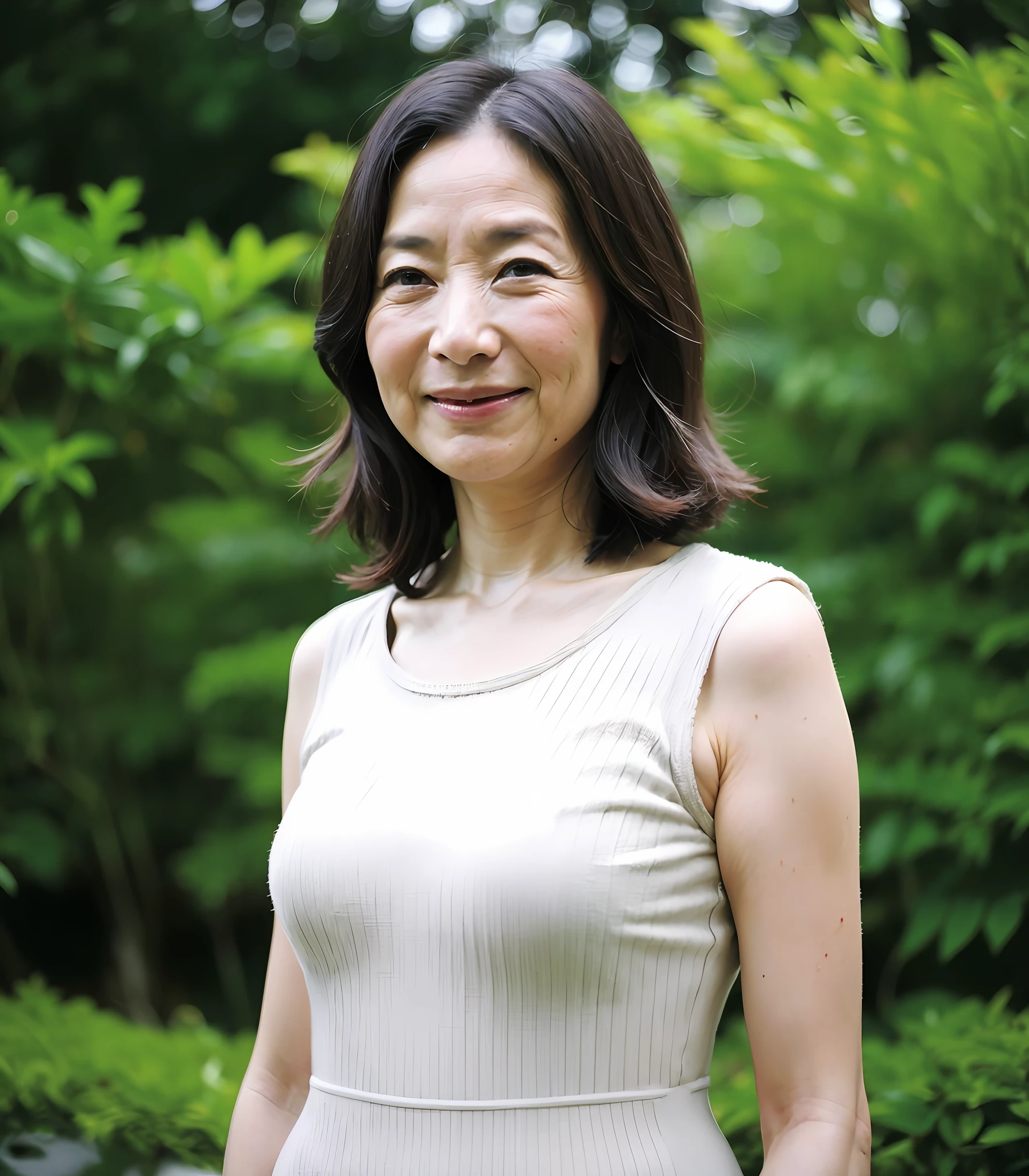((top-quality、8K、​masterpiece:1.3))、Photorealsitic, foco nítido, high-level image quality, hight resolution, Portrait, Solo, japanes, Middle-aged woman, Beautie, 55 years old, A slender, Wavy Hair, Sleeveless, Wrinkles at the corners of the eyes, Fluttering skirt,in woods