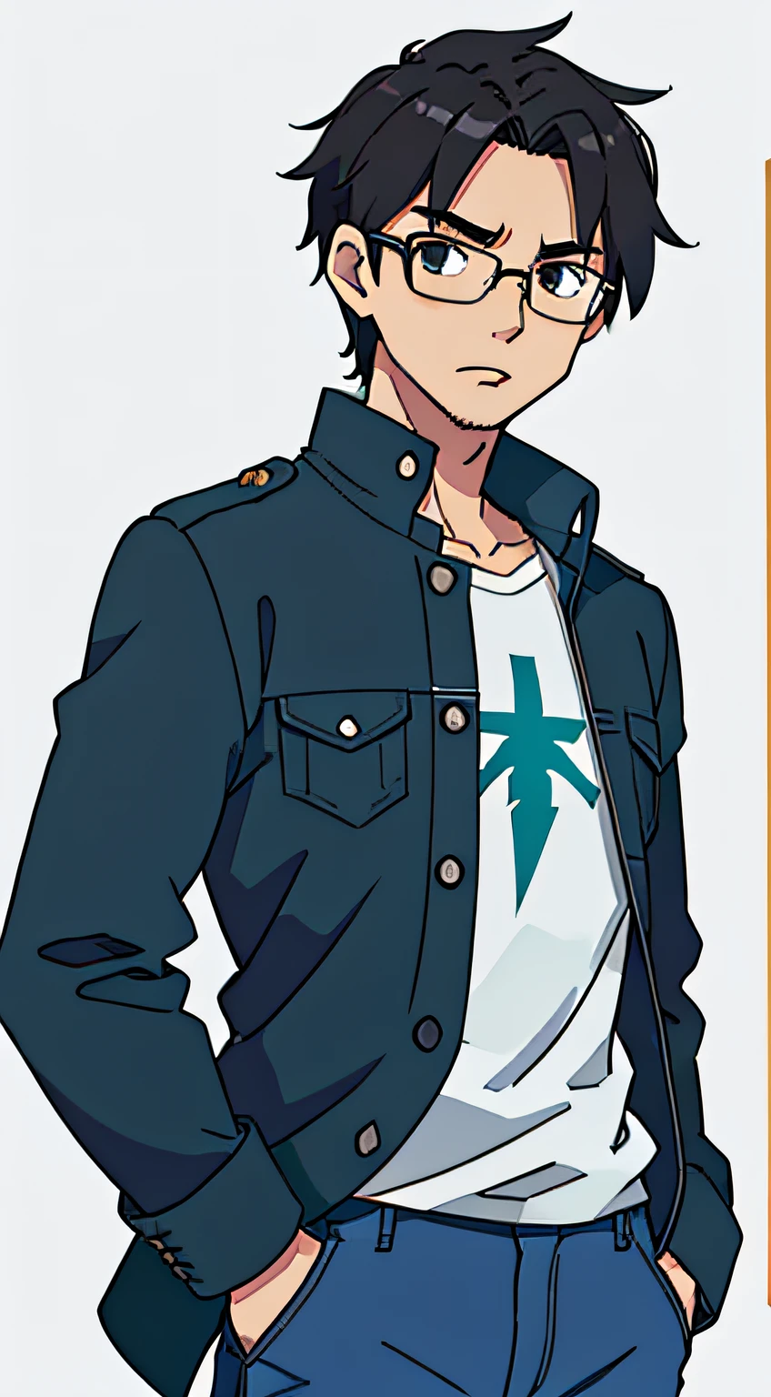 (best-quality:0.8), broken introspective perfect anime illustration, 18 years old, adult man, villain look, Japanese, black hair, Glasses, Light green button up shirt, Brown leather gloves, Blue denim jeans, brown eyes, Slim build simple colors, white background, waist-up shot, half body shot, high resolution, no props, neutral pose, front view, normal pose, standing straight, arms side to side