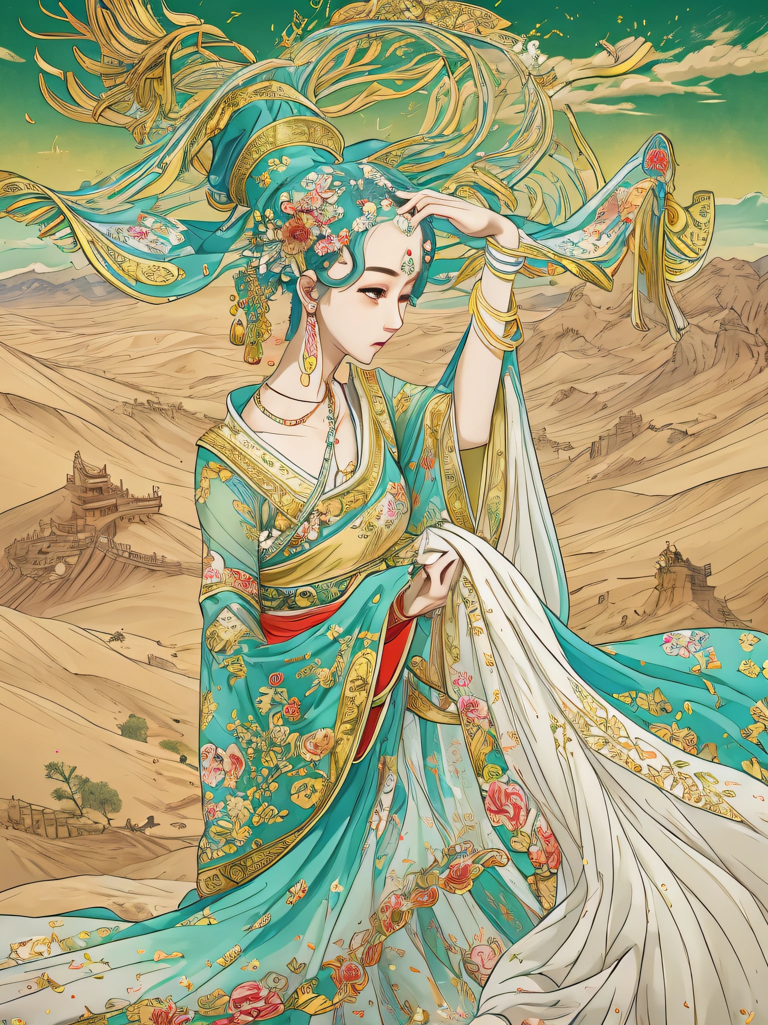 tmasterpiece，Best quality at best，high-definition picture quality，8K，1girll，Dancing girl in a golden dress，Flying Dance，Dunhuang murals，dangling，dances，Dance movements，ancient Chinese costume，Imposing desert background，A desert，Blue sky and white clouds，清晰的线条，vivd colour，Texture，exquisite costumes，beauitful face，The most beautiful eyes，