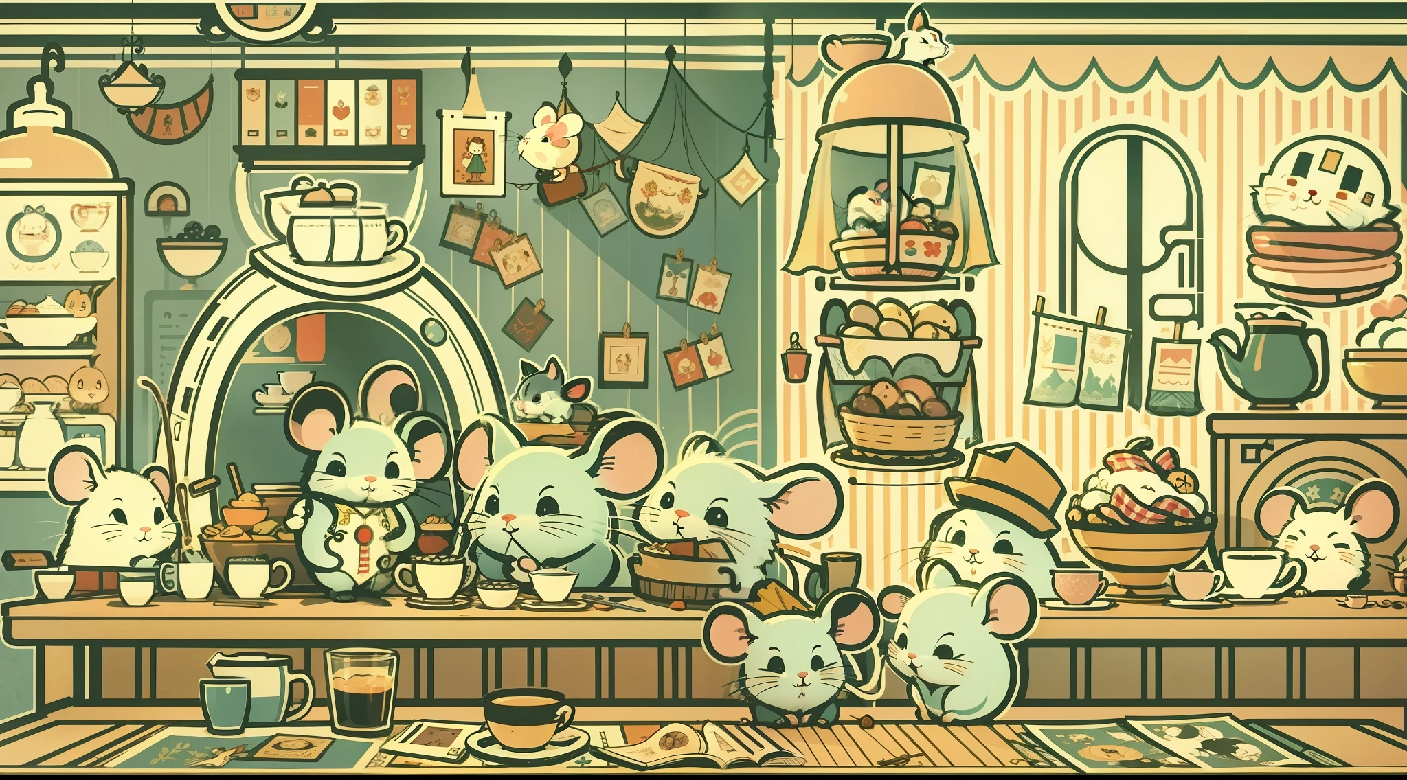Fairy tale picture book,Mouse Cafe, flags, vectorial, line art, designs, inspiration, straightened, 对称