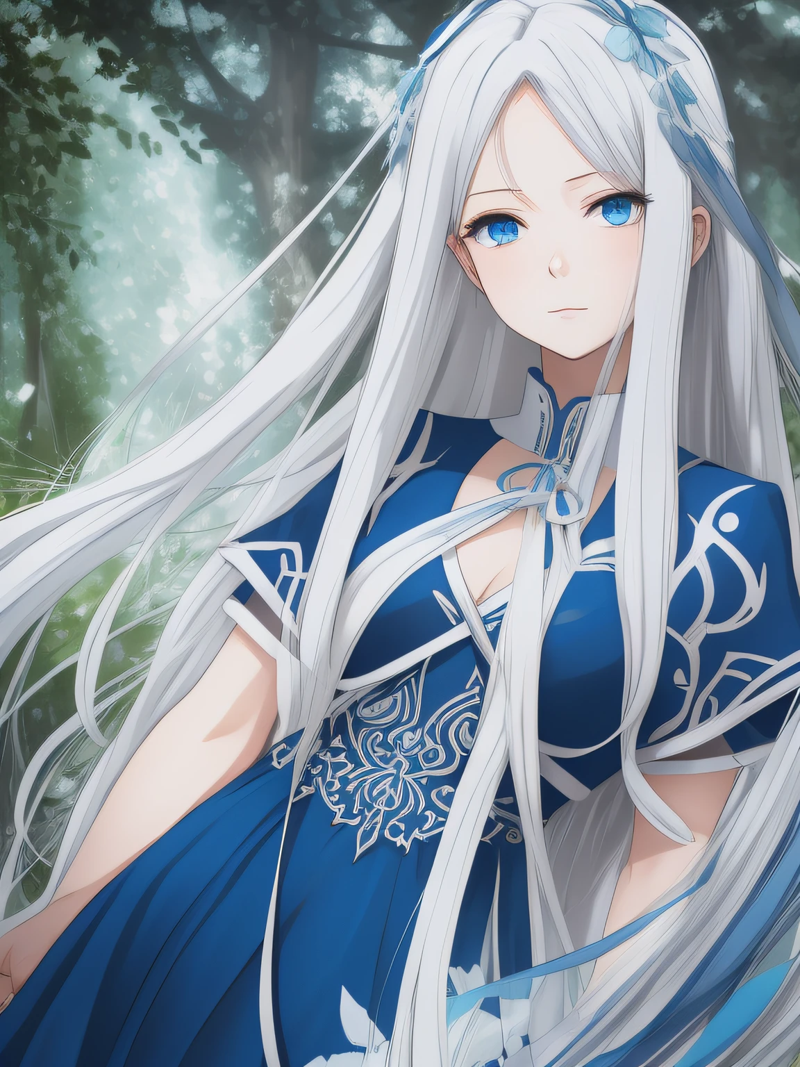 Make the anime-style image of an anime girl with beautiful blue eyes and long white hair, transmitindo uma aura de tranquilidade e sabedoria. Para estilo de roupa, Opt for an elegant and classic approach, como por exemplo, um vestido de cores preto e branco.