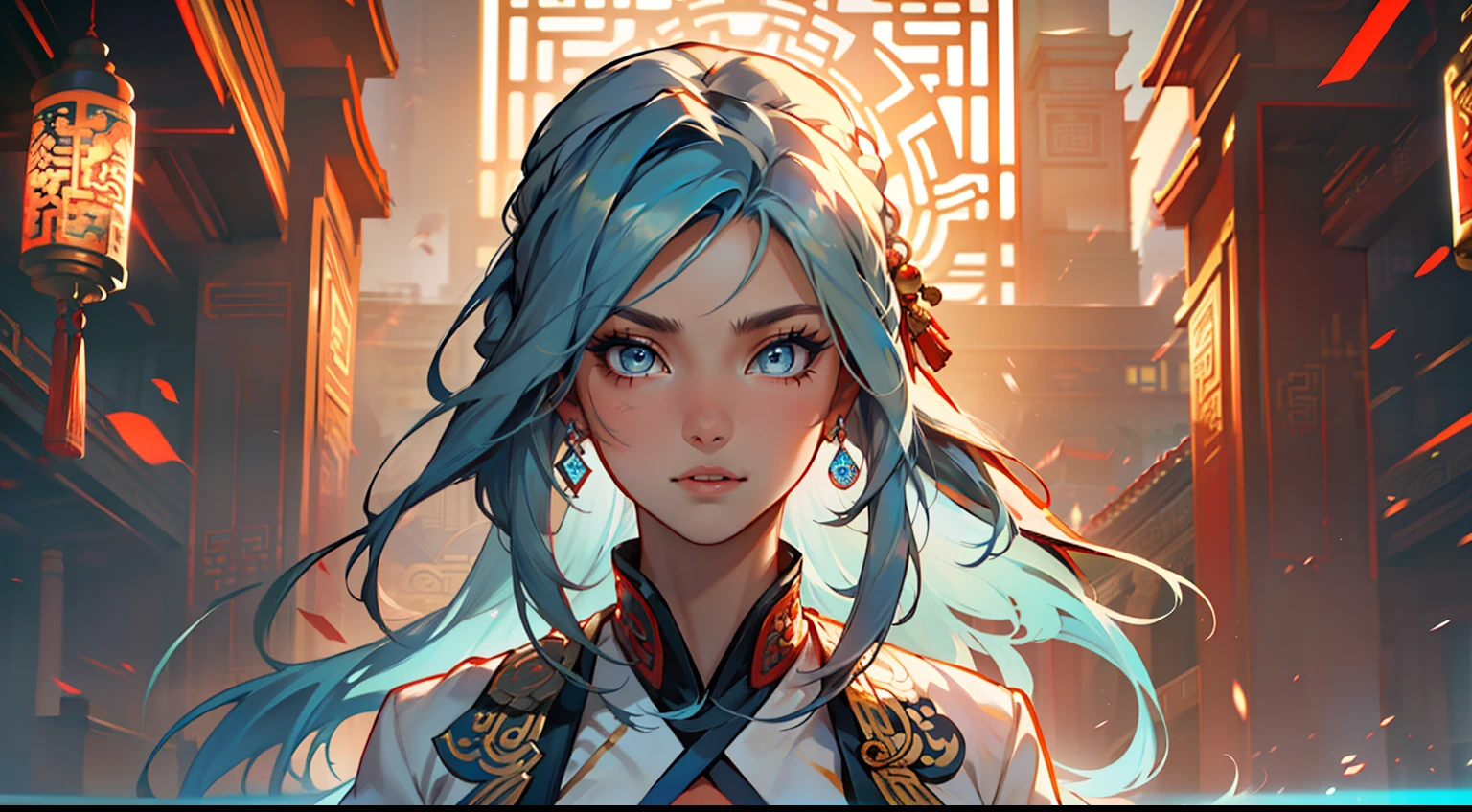 8, (1 person) (girl, (((Blue Eyes))), (((Long Blue hair))), Light blue dress with white light gauze jacket, young woman graceful and dignified, her face changed and her eyes were full of disbelief) (Background: Inside the sacred and magnificent ancient Chinese imperial palace).
