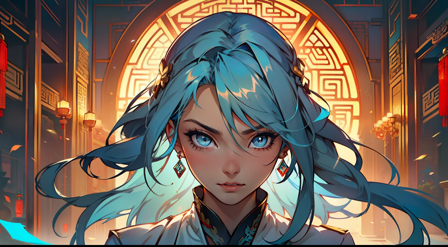 8, (1 person) (girl, (((Blue Eyes))), (((Long Blue hair))), Light blue dress with white light gauze jacket, young woman graceful and dignified, her face changed and her eyes were full of disbelief) (Background: Inside the sacred and magnificent ancient Chinese imperial palace).