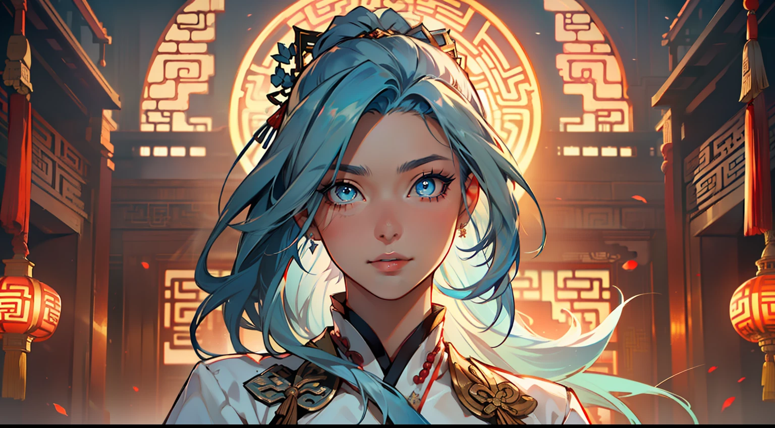 8, (1 person) (girl, (((Blue Eyes))), (((Long Blue hair))), Light blue dress with white light gauze jacket, young woman graceful and dignified, her face changed and her eyes were full of disbelief) (Background: Inside the sacred and magnificent ancient Chinese imperial palace).