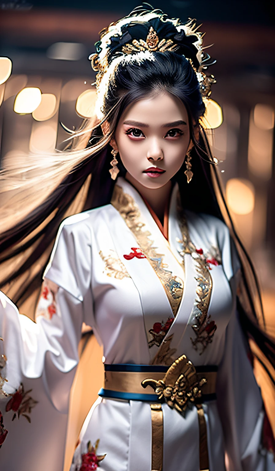 top-quality、masterpiece、hight resolution、Wuxi 1girl、Gold cheongsam、((Super beautiful face))、Super beautiful eyes、Super beautiful hair、cleavage of the breast、exposed breast、Sexy cleavage、very highly detailed breasts、
