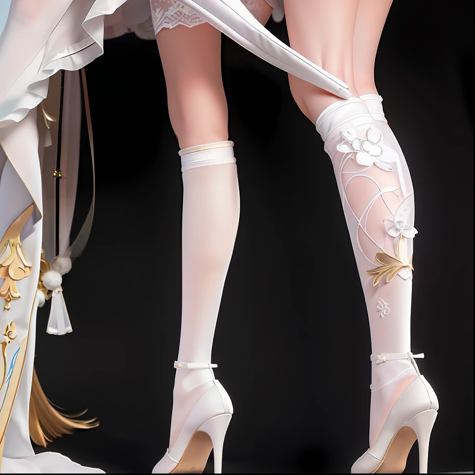 On stage stood a woman in high heels, anime barbie in white stockings, detailed legs towering over you, Detailed legs, legs intertwined, Full length and white stockings, High heels. anime style at pixiv, close-up on legs, White stockings, detailed legs looming over you, detailed shot legs-up