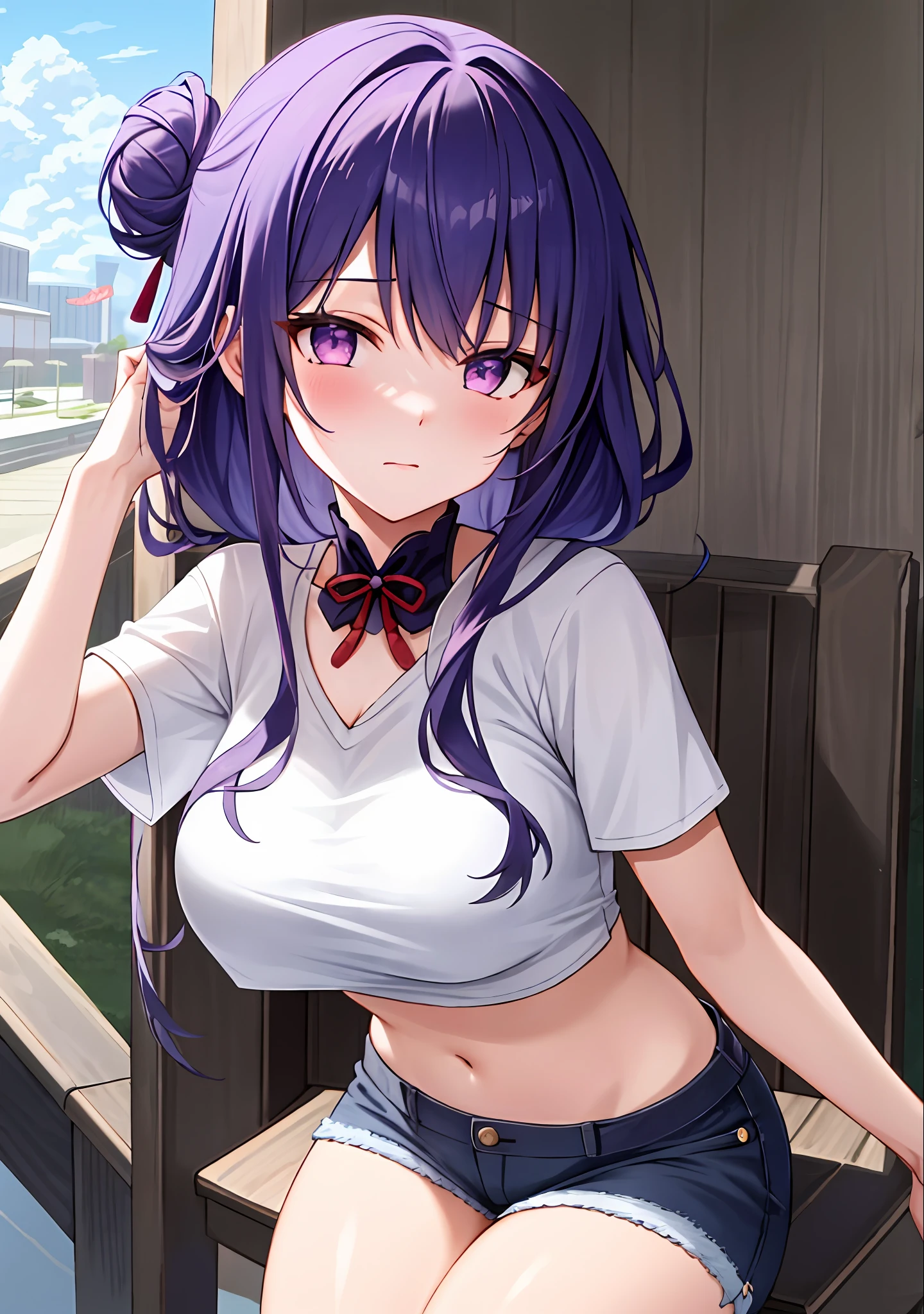 (masterpiece, best quality, ultra-detailed), Raiden shogun \(genshin impact\), (purple hair), cone hair bun, twin tails, long hair, swept bangs, braid, braided bangs, purple eyes, pink eyes,
(wearing a t-shirt:1.2), sitting on a chair outside of caf, embracing the natural beauty, sunlight, beautiful cloudy sky, city, street, denim shorts, black stocking,
medium breasts, thick thighs, critical angle, cowboy shot, arm behind head, arm behind back, shy face, crop top, strong and seductive expressions,,