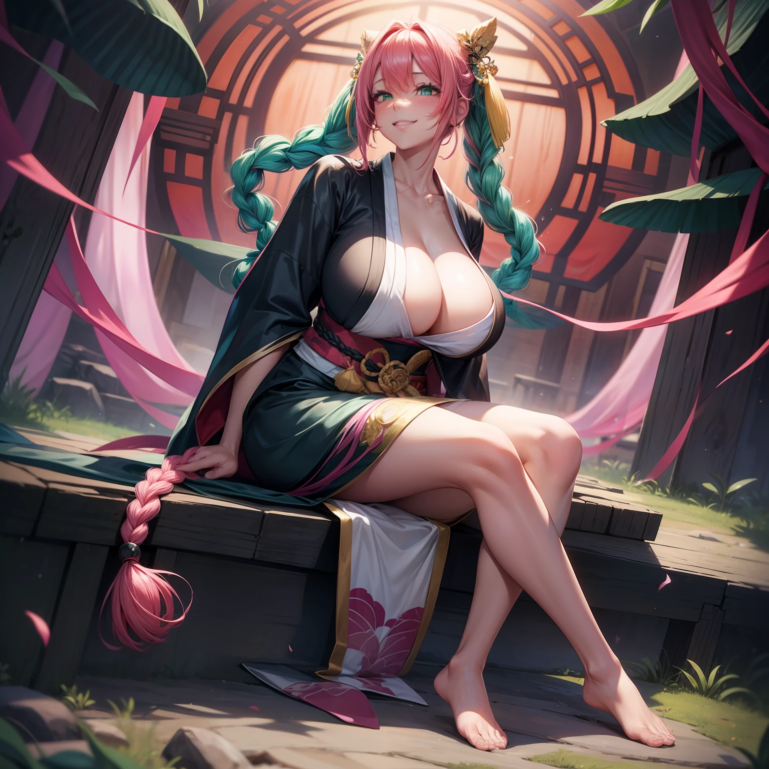8k high definition, Mitsuri Kanroji, pink hair, green hair, braids, huge natural breasts, seductive pose, shy embarrassed smile, arms behind back, sitting, black kimono