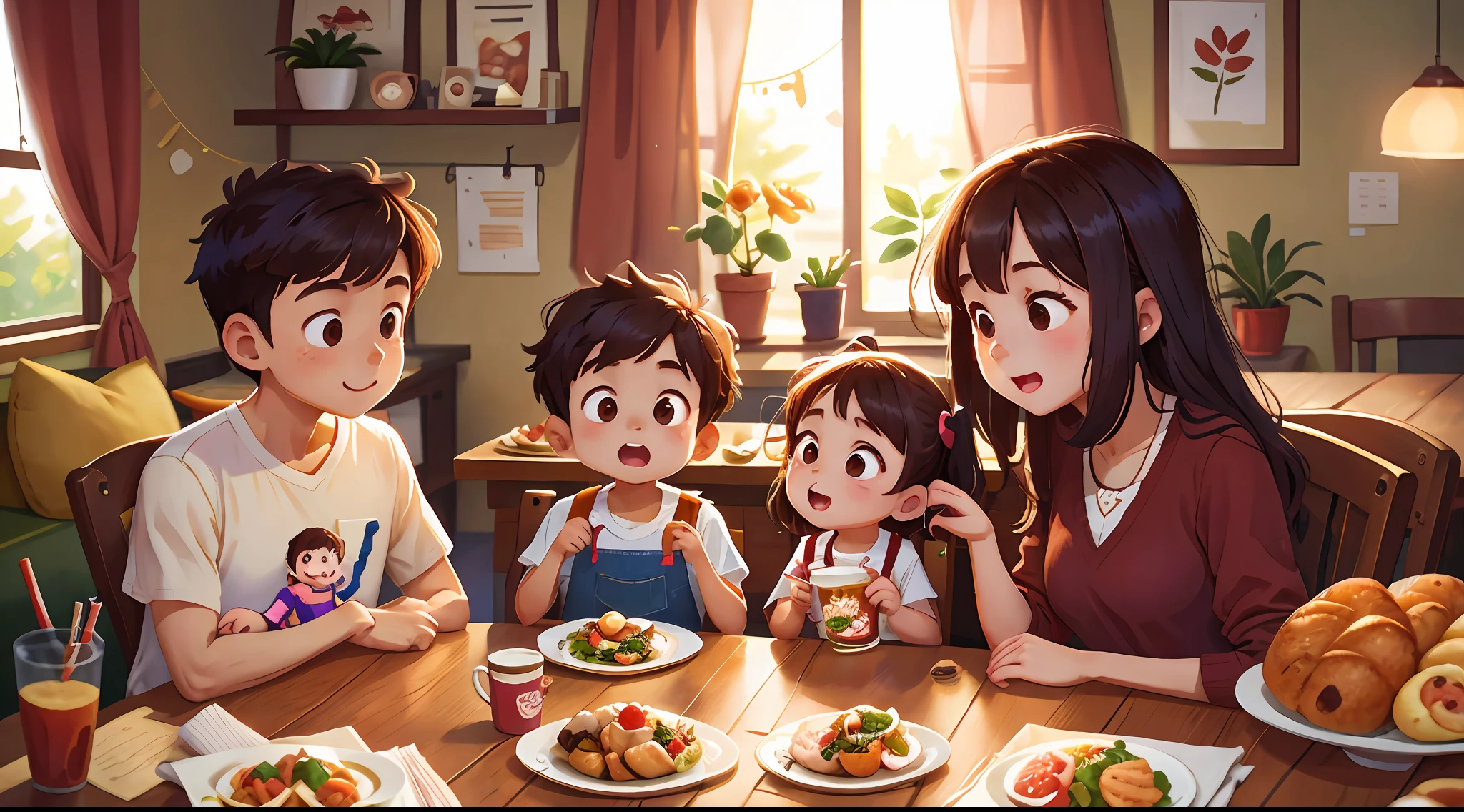A family,Parents take their children to eat at home,Family dinners,Very cosy。A high resolution,high qulity