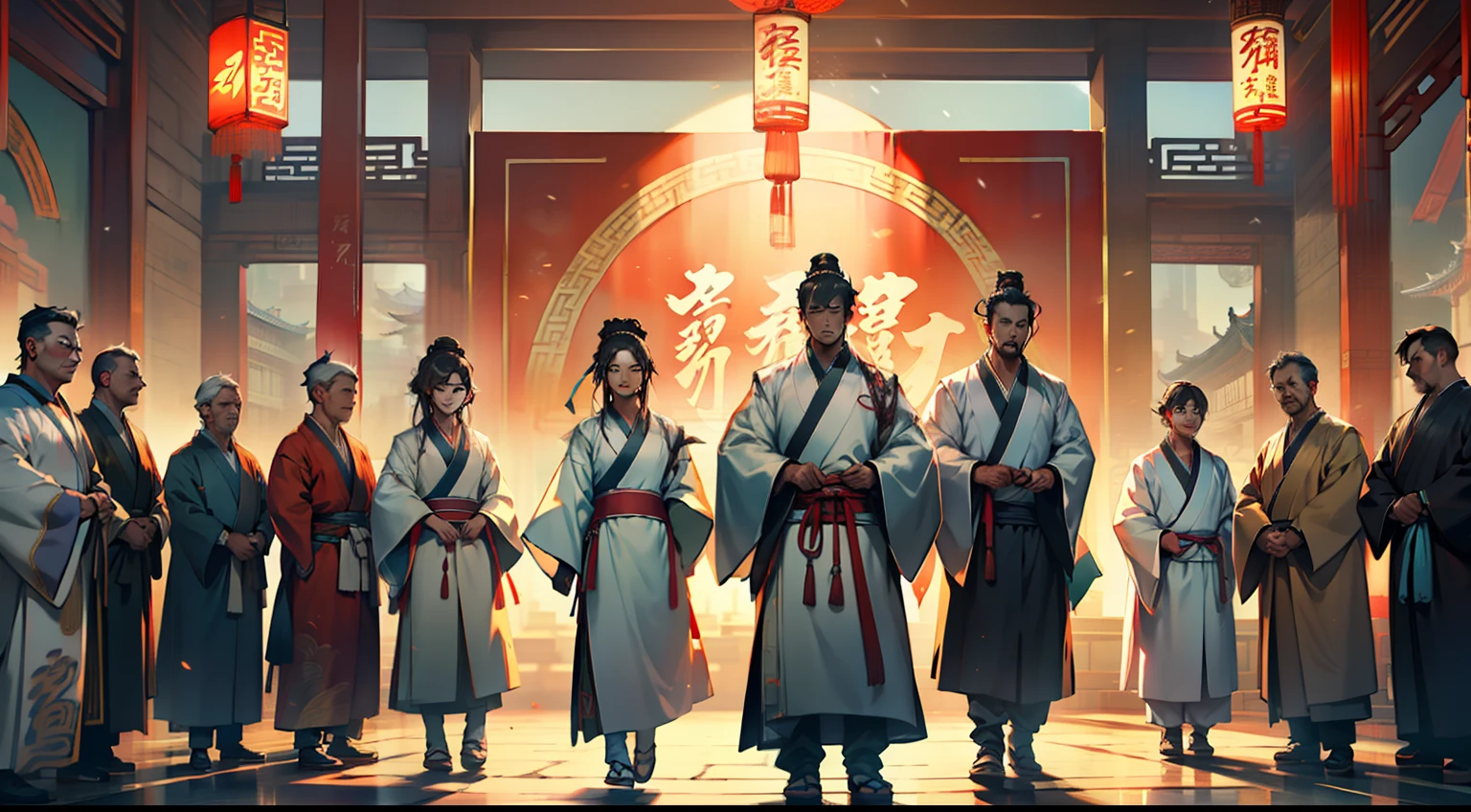 9, (multiple people) (a group of middle-aged people dressed in black Hanfu showing fear) (Background: Inside the sacred and magnificent ancient Chinese imperial palace).