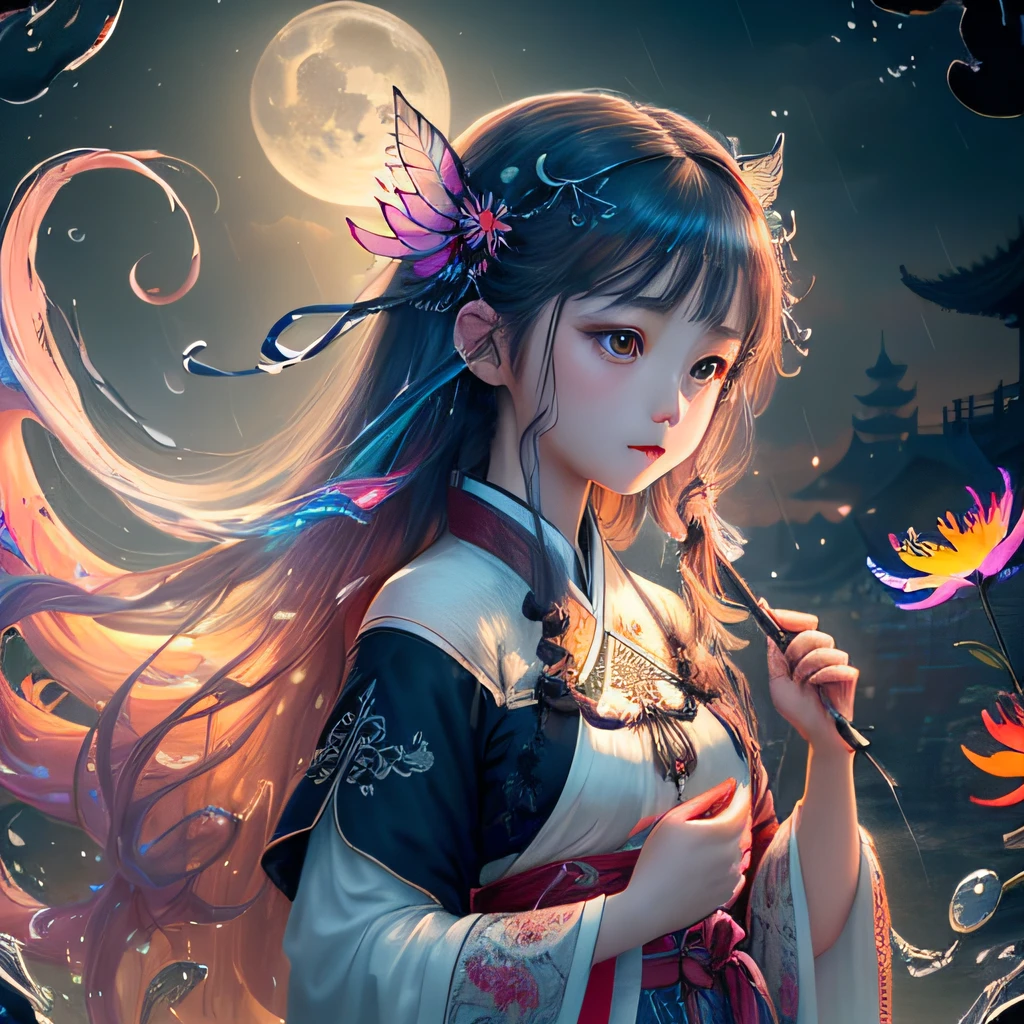 (8k, RAW photo:1.2),best quality, ultra high res,dramatic angle,(fluttered detailed color splashs), (illustration),(((1 girl))),(long hair),(rain:0.9),(hair ornament:1.4),there is an ancient palace beside the girl,chinese clothes,(focus on), color Ink wash painting,(color splashing),colorful splashing,(((colorful))),(sketch:0.8), Masterpiece,best quality, beautifully painted,highly detailed,(denoising:0.6),[splash ink],((ink refraction)), (beautiful detailed sky),moon,highly,detaild,(masterpiece, best quality, extremely detailed CG unity 8k wallpaper,masterpiece, best quality, ultra-detailed),(Lycoris radiata),