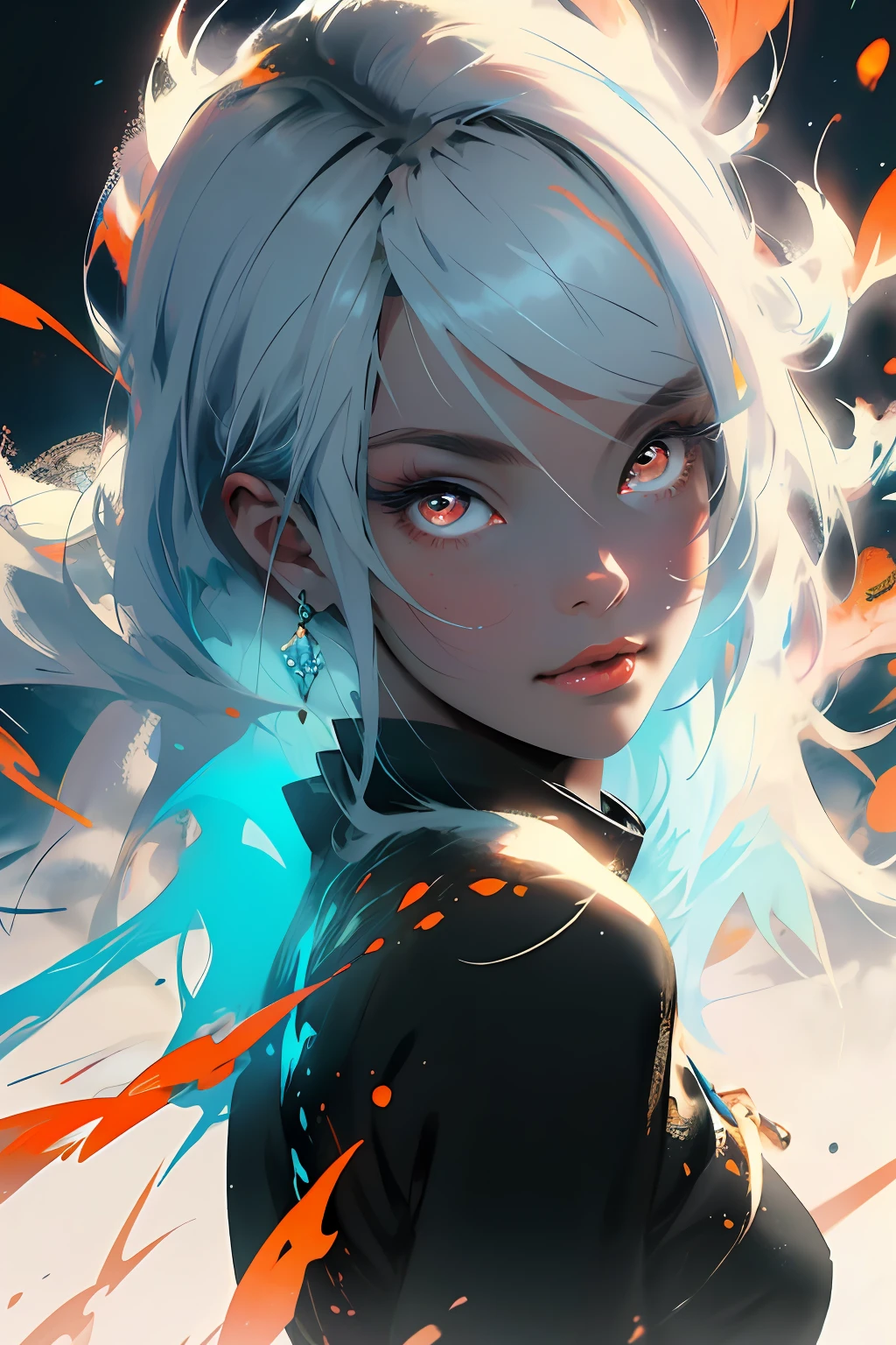 realisticlying、Masterpiece quality、best qualtiy、offcial art、Beauty and aesthetics:1.2、Very detailed fractal art、Colorful abstract background、Kizi、Kamimei、The color hair、long whitr hair、luminous red eyes、mysterious magic、Girl of Ice and Fire