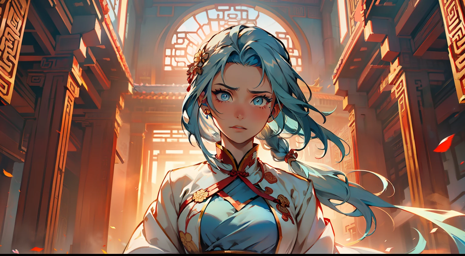 10, (1 person) (girl, (((Blue Eyes))), (((Long Blue hair))), Light blue dress with white light gauze jacket, young woman graceful and dignified, her expression panicked, realizing what she was about to face) (Background: Inside the sacred and magnificent ancient Chinese imperial palace).