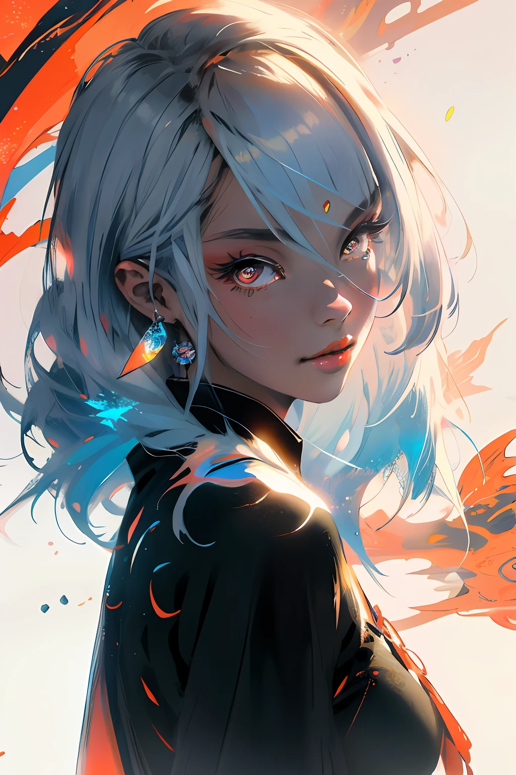 realisticlying、Masterpiece quality、best qualtiy、offcial art、Beauty and aesthetics：1.2、Very detailed fractal art、Colorful abstract background、Kizi、Kamimei、The color hair、long whitr hair、luminous red eyes、mysterious magic、Girl of Ice and Fire