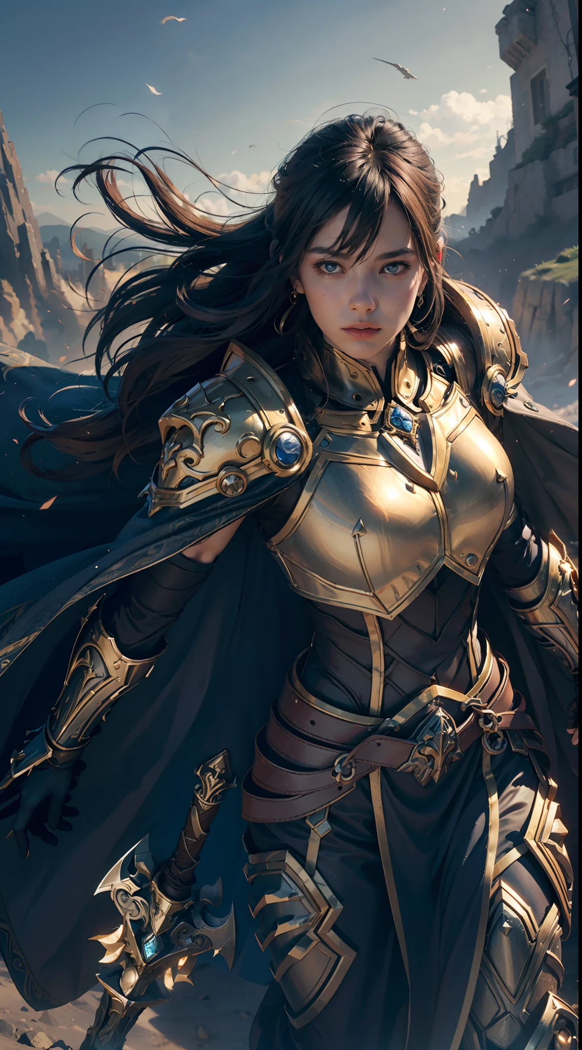 8k,ultra detailed, masterpiece, best quality, (extremely detailed), dynamic angle, Mysterious expression, wind effect, fantasy background, rim lighting, cinematic light, ultra high res, 8k uhd, film grain,best shadow, delicate, RAW, light particles, detailed skin texture, detailed armor texture, detailed face, intricate details, ultra detailed, bright, strong, golden armor, (holding hammer), smashing, smash action, pauldrons, glowing eyes, long cape, fantasy, (realistic), shoulder armor, complex, intricate, perfect lighting, looking at viewer, cinematic lighting, flying in sky,flying, holy light, vivid, bangs, windy