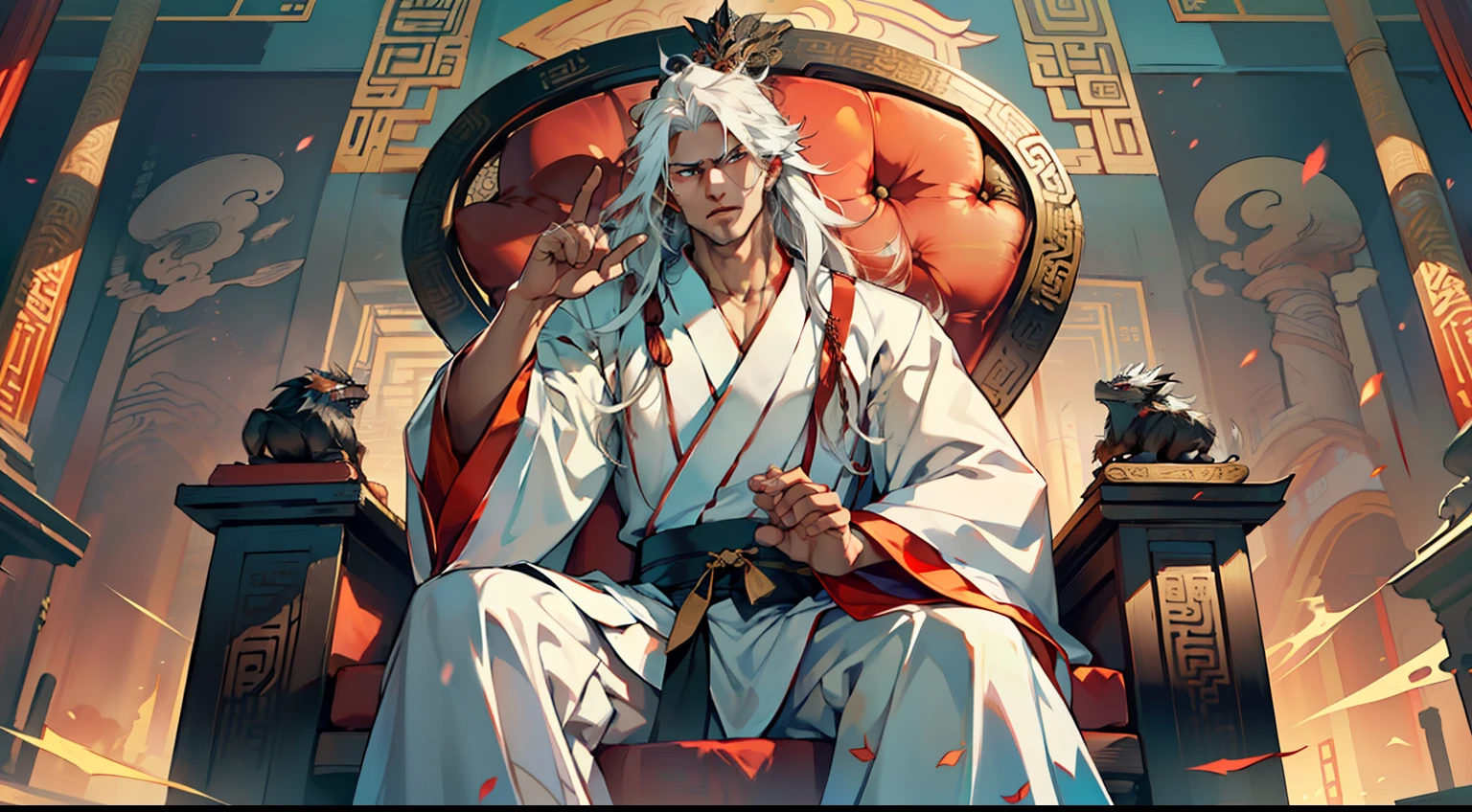 11, (1 person) (boy, ((white Hanfu youth)), (((Long white hair))), kingly air, gorgeous, handsome, outstanding temperament, sitting on the sacred throne, nodded and then waved his hand, a black dragon circling above his finger) (Background: Inside the sacred and magnificent ancient Chinese imperial palace).