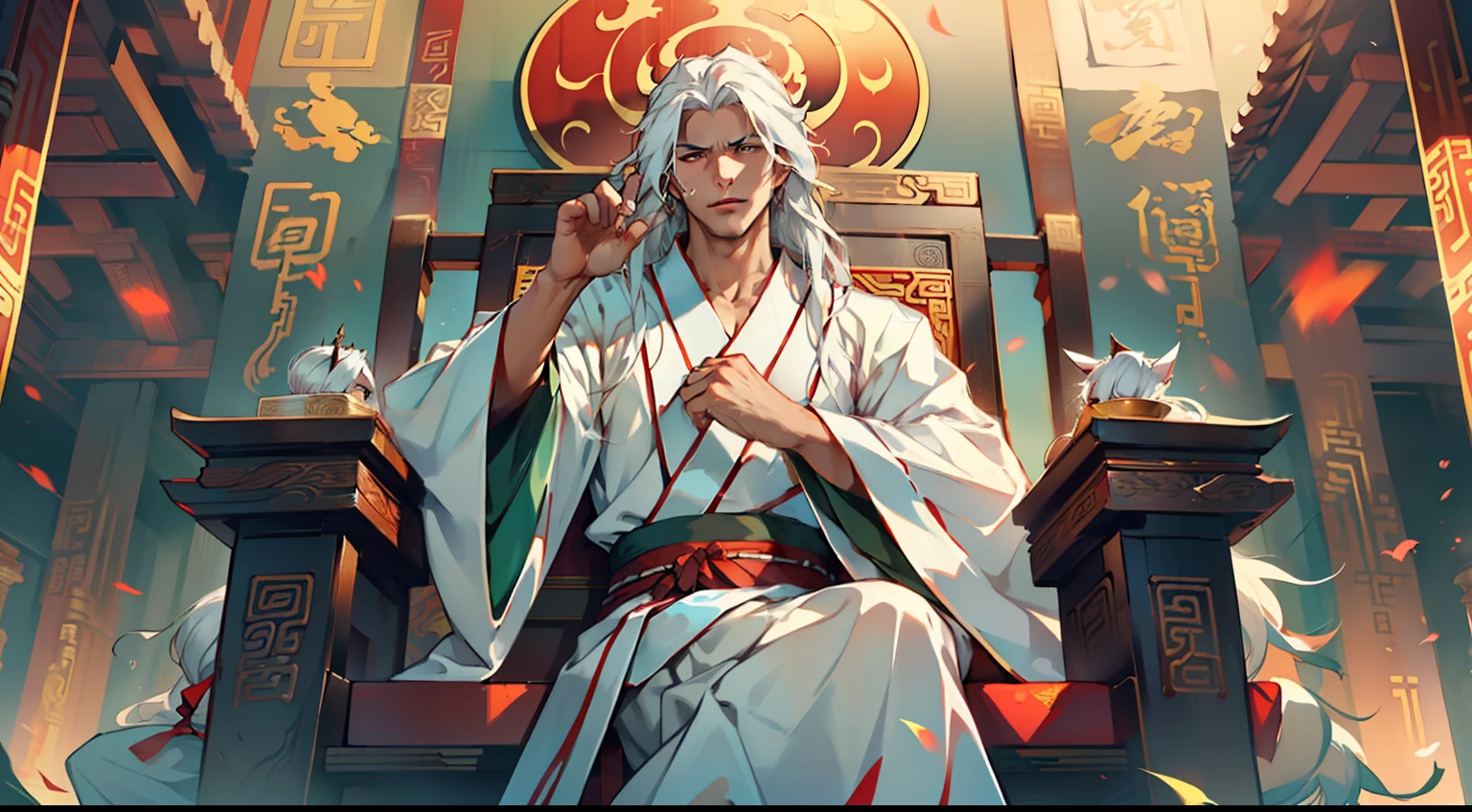 11, (1 person) (boy, ((white Hanfu youth)), (((Long white hair))), kingly air, gorgeous, handsome, outstanding temperament, sitting on the sacred throne, nodded and then waved his hand, a black dragon circling above his finger) (Background: Inside the sacred and magnificent ancient Chinese imperial palace).