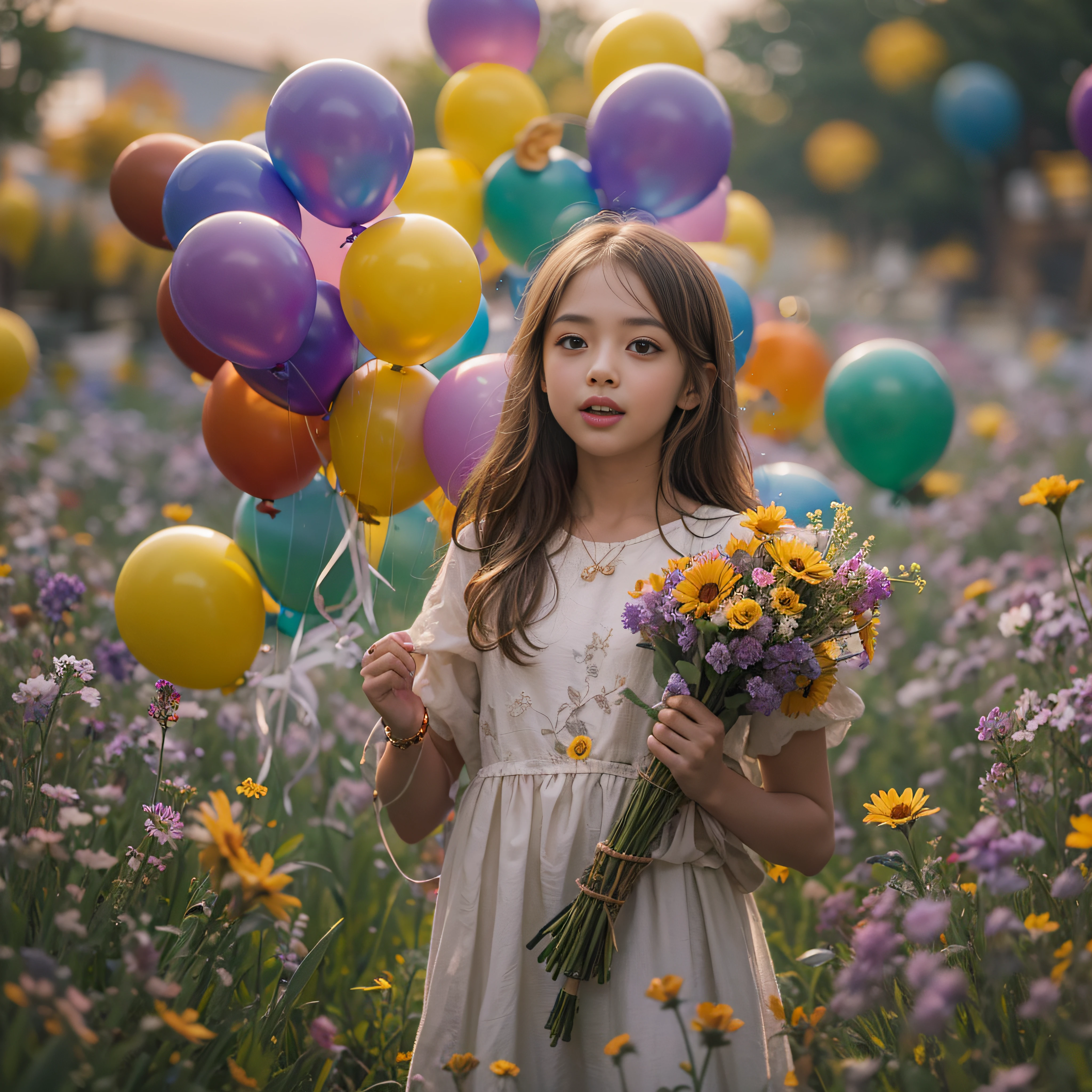 A 12-year-old girl holds flowers,There are colorful balloons floating in the sky,grassy fields,Dance,Holding flowers,cheerfulness,Rejoice,Perfect quality,Clear focus(Clutter - home:0.8), (tmasterpiece:1.2) (realisticlying:1.2) (Bokeh) (best qualtiy) (detailedskin:1.3) (complexdetails) (8K) (detailedeyes) (Sharp focus),(having fun)