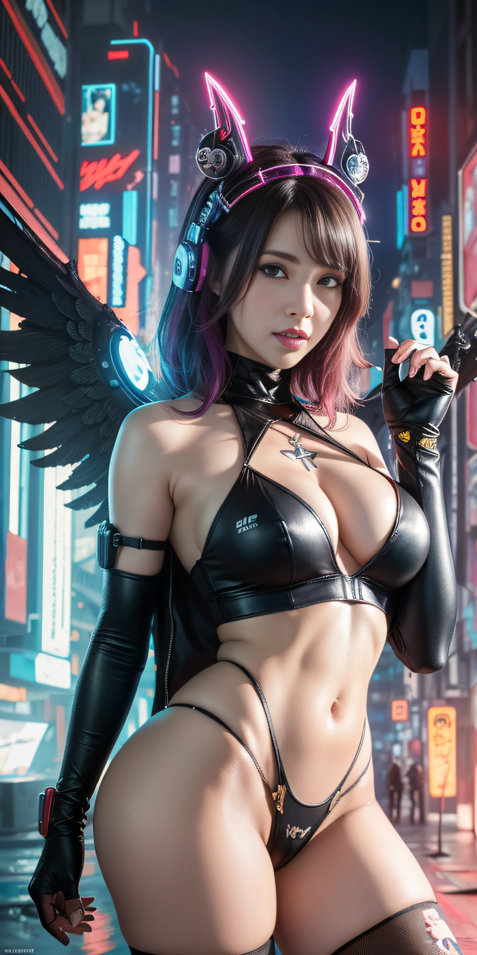 ((Best quality)), ((masterpiece)), (highly detailed:1.3), 3D, beautiful (cyberpunk:1.3) 1girl, cyber archangel with demon horns, (angel wings), torn clothes, bare shoulders, plump, thick, cyberpunk, nighttime, neon light, full body
