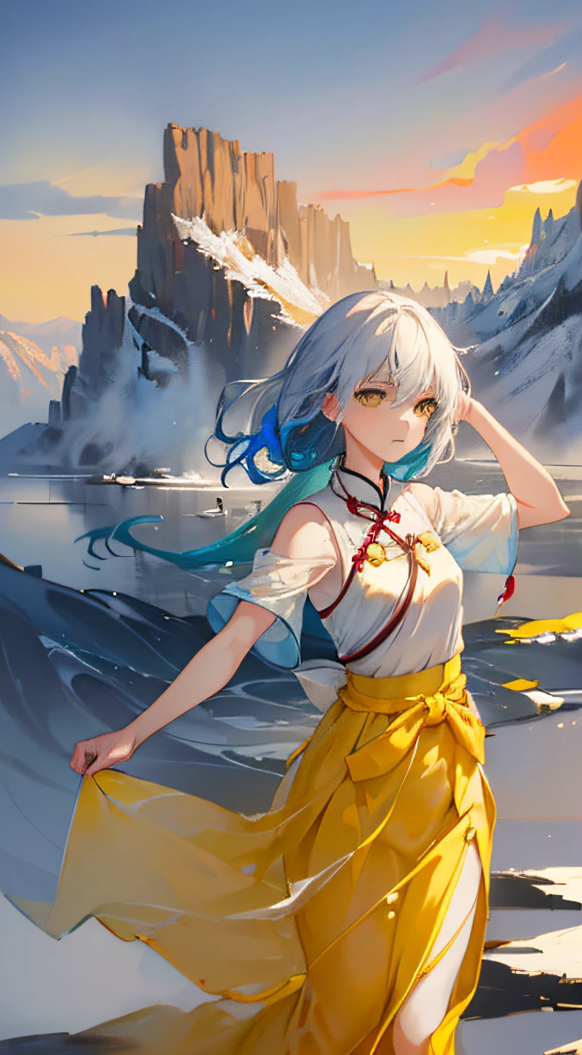 (by artist Aliza Razell:1.5),1girl,Absolute field,Smooth skin,Expose legs,full body, ,unity 8k wallpaper,ultra detailed,beautiful and aesthetic,beautiful,masterpiece,best quality,mountain valley,pose,portray a person ,(hanfu, tang style outfits, white upper shan, multicolour chest po skirt, yellow waistband)