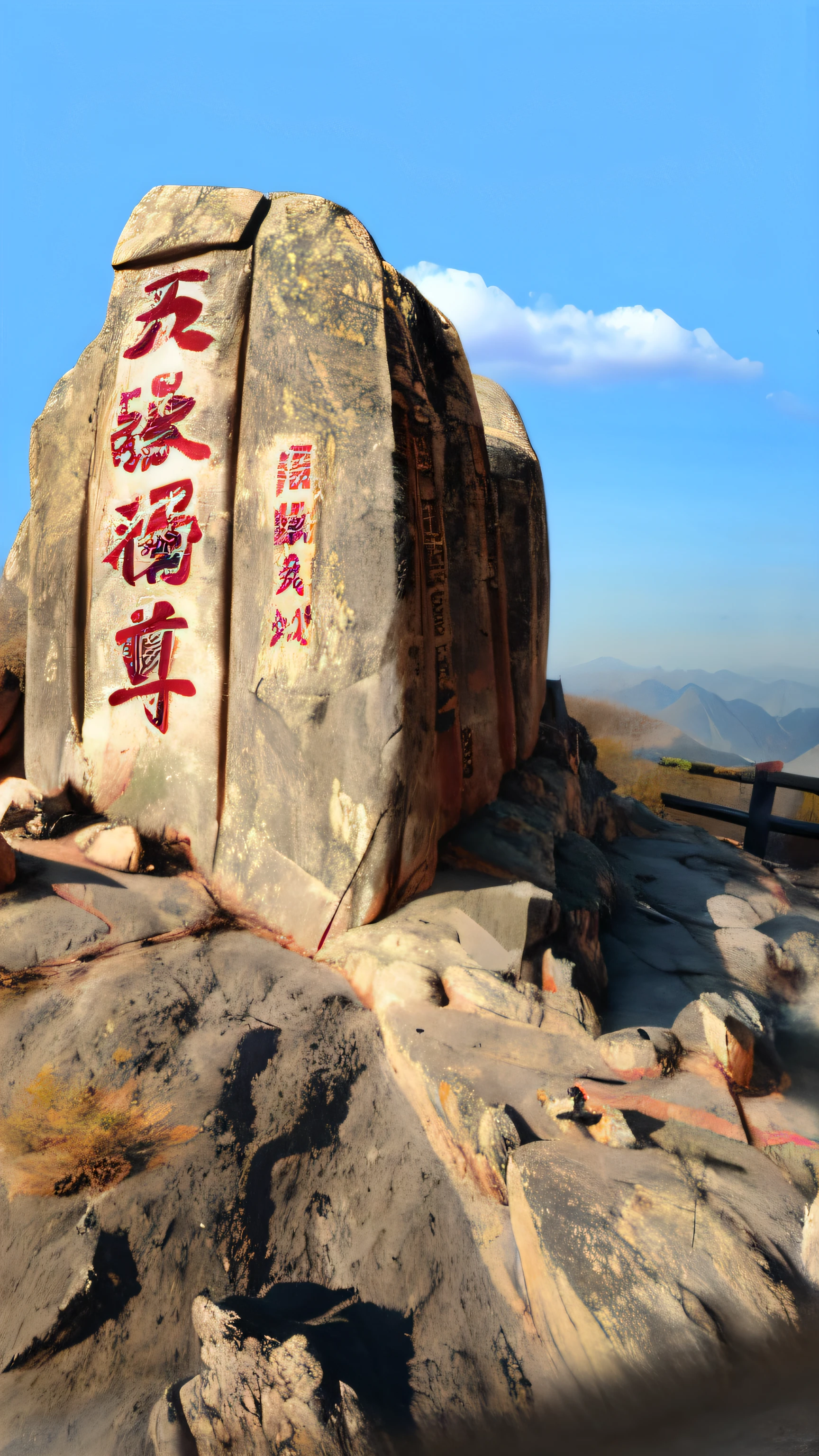 There is a big rock on the mountain,There is a sign on it, Overlay Chinese text, 3 d virtual landscape painting,shaxi, Full view, film Silk Road landscape, full - view, untethered stelae, inspired by Lu Zhi