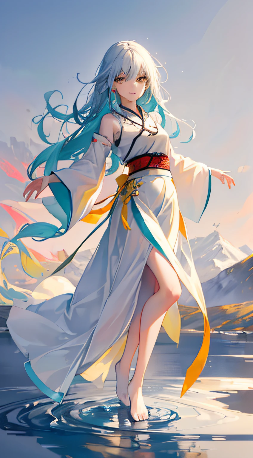 (by artist Aliza Razell:1.5),1girl,Absolute field,Smooth skin,Expose legs,full body, ,unity 8k wallpaper,ultra detailed,beautiful and aesthetic,beautiful,masterpiece,best quality,mountain valley,pose,portray a person ,(hanfu, tang style outfits, white upper shan, multicolour chest po skirt, yellow waistband)