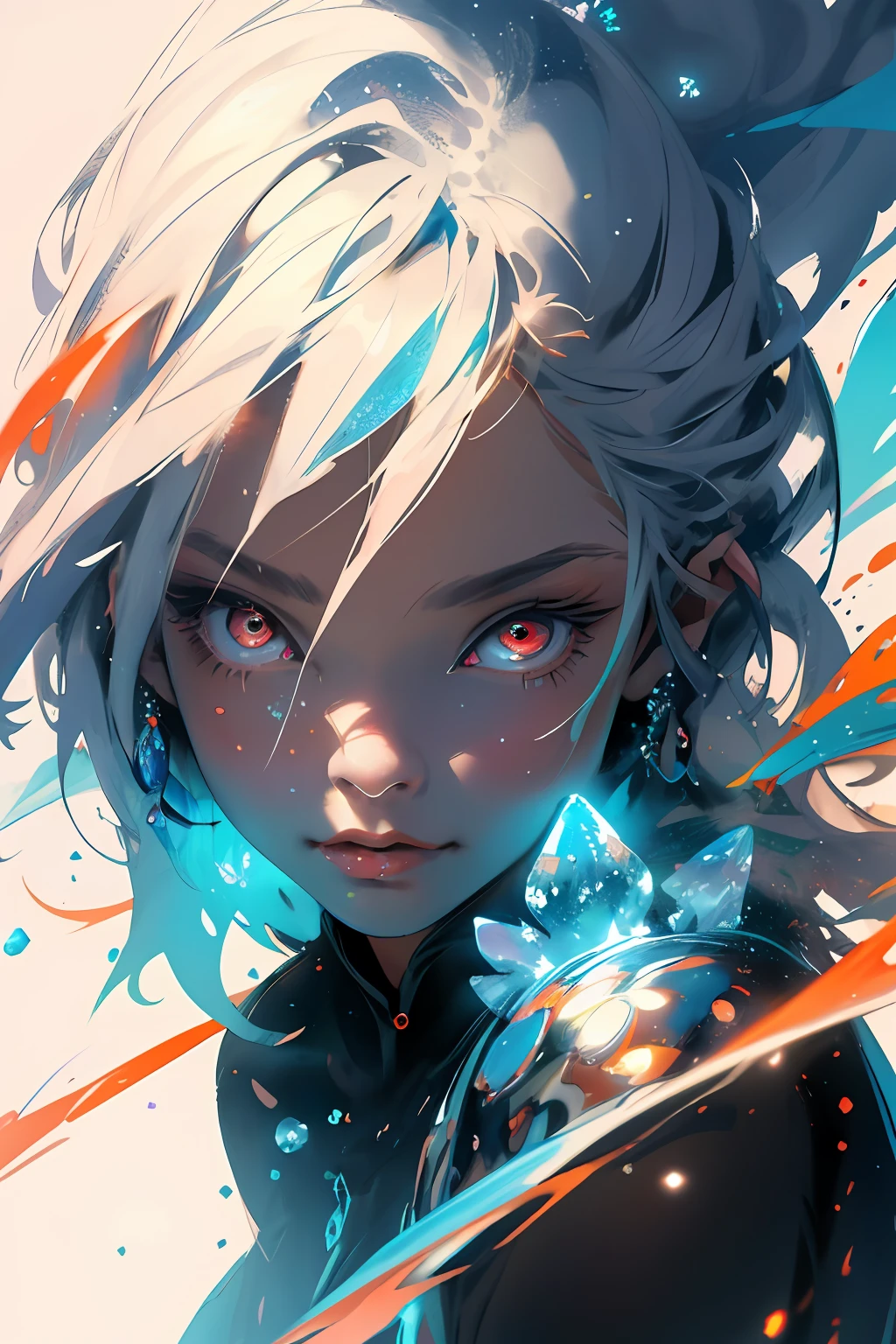 realisticlying、Masterpiece quality、best qualtiy、offcial art、Beauty and aesthetics：1.2、Very detailed fractal art、Colorful abstract background、Kizi、Kamimei、The color hair、long whitr hair、luminous red eyes、mysterious magic、Girl of Ice and Fire