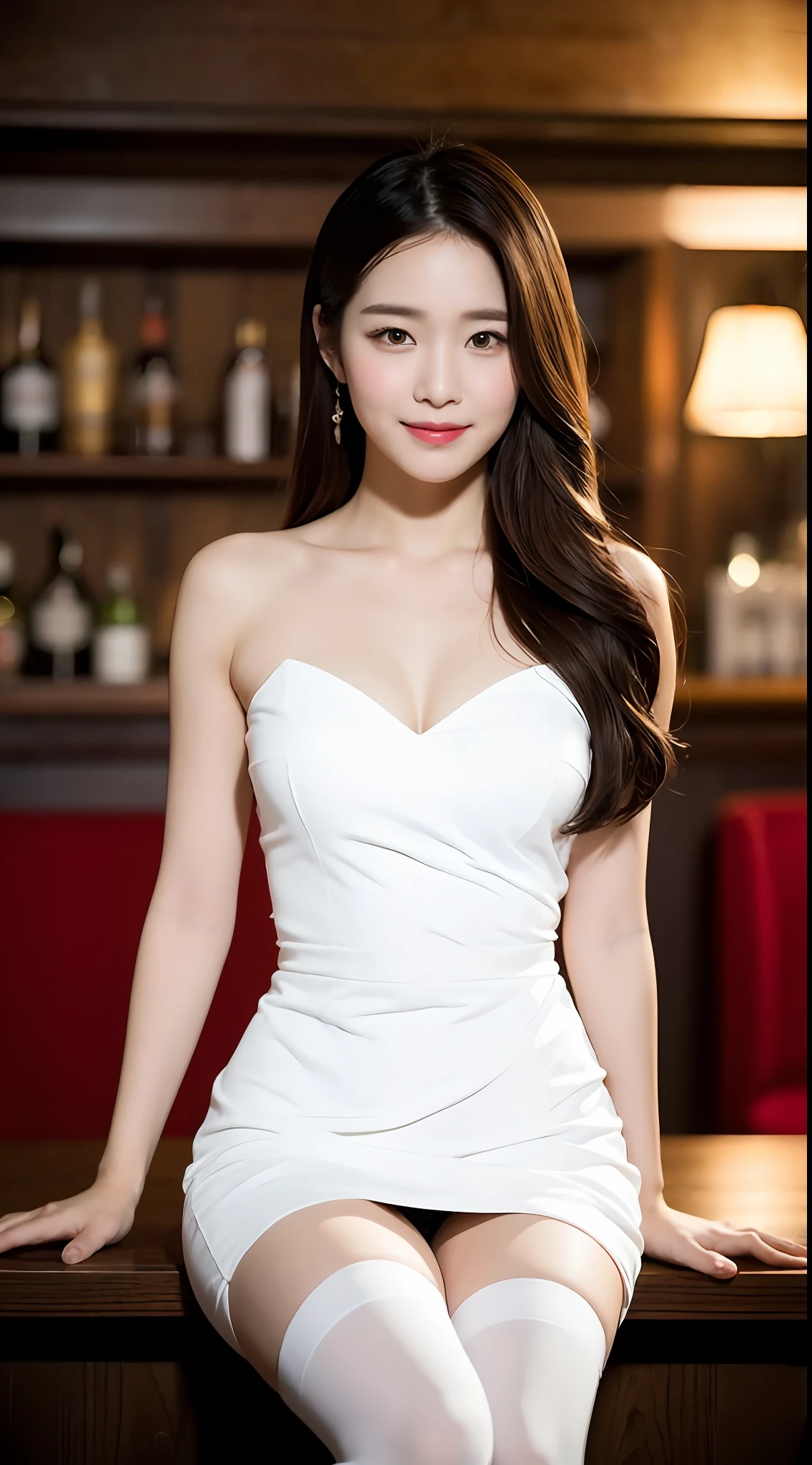 (1 Korean star with royal sister style), ((Best quality, 8K, 巨作: 1.3)), focal point: 1.2, Perfect body proportions: 1.4, (Make a smile),  （Ray traching）,Watery eyes, Highly Detailed Face and Skin Textur, Fine eyes, Double eyelids, Whitens the skin, (long whitr hair, Air bangs: 1.3), (face round: 1.5), (White collarbones are shoulder-bared,Skirt that wraps hips: 1.4), (Sit on a high chair and show off your figure: 1.6),(white stockings: 1.4),(film grain style:1.3)，a sense of atmosphere，Background in bar，The background is clear，The characters are clear