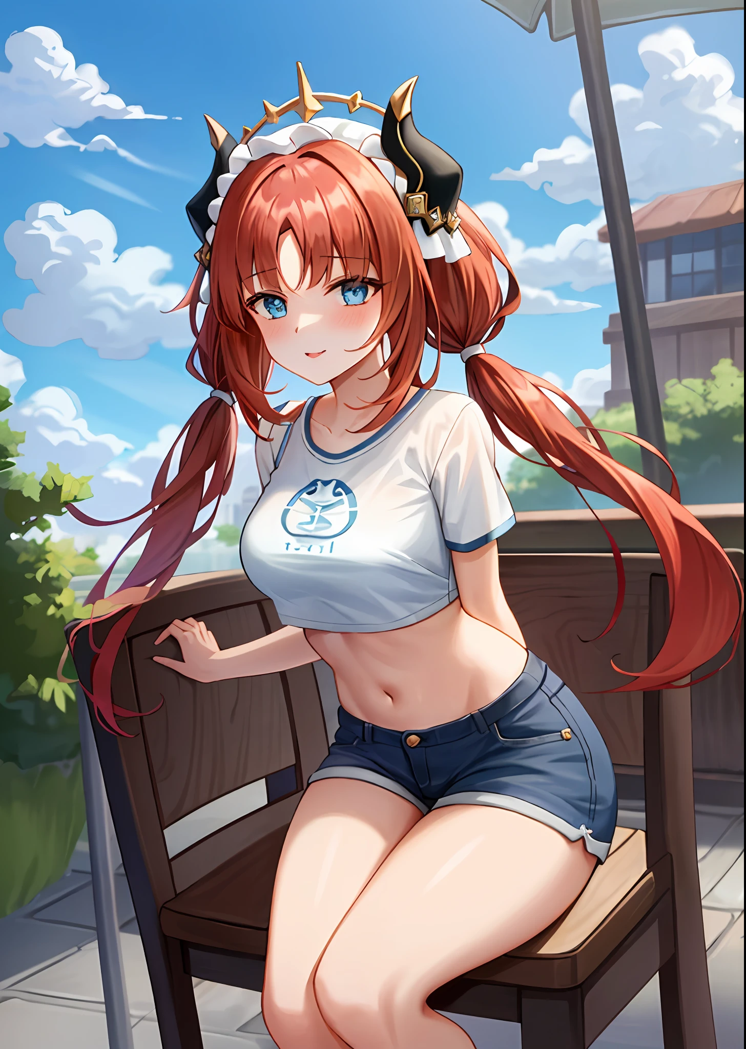 (masterpiece, best quality, ultra-detailed), nilou \(genshin impact\), (red hair), cone hair bun, twin tails, long hair, swept bangs, braid, braided bangs, blue eyes, blue eyes,
(wearing a t-shirt:1.2), sitting on a chair outside of caf, embracing the natural beauty, sunlight, beautiful cloudy sky, city, street, denim shorts, black stocking,
medium breasts, thick thighs, critical angle, cowboy shot, arm behind head, arm behind back, holding breasts, tongue out, crop top, strong and seductive expressions,,