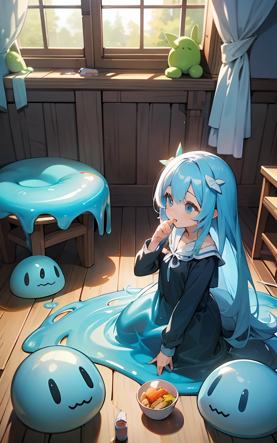 top-quality、hight resolution、detaileds、Blue Slime Girl、lightly dressed、Ruined room、The long-haired、Cute appearance、Children's table、Children's lunch、