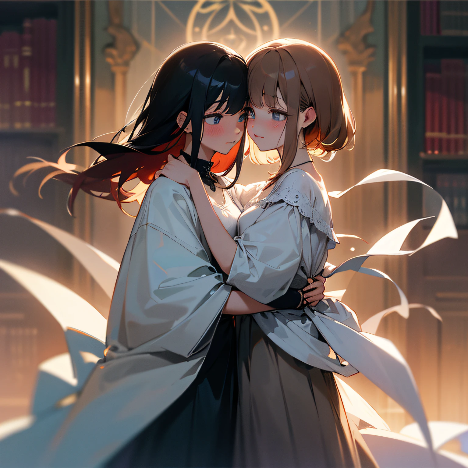 hight resolution,ultra-detailliert,Official art,Beauty and aesthetics,masterpiece,best qualtiy,ighly detailed,Variegated,Most details、Shining eyes、Detailed eyes、face perfect、enigmatic、A dark-haired、night wear、atlibrary、Hugging each other、Two people staring at each other、laught、Make a troubled face、Secret Aise、red blush