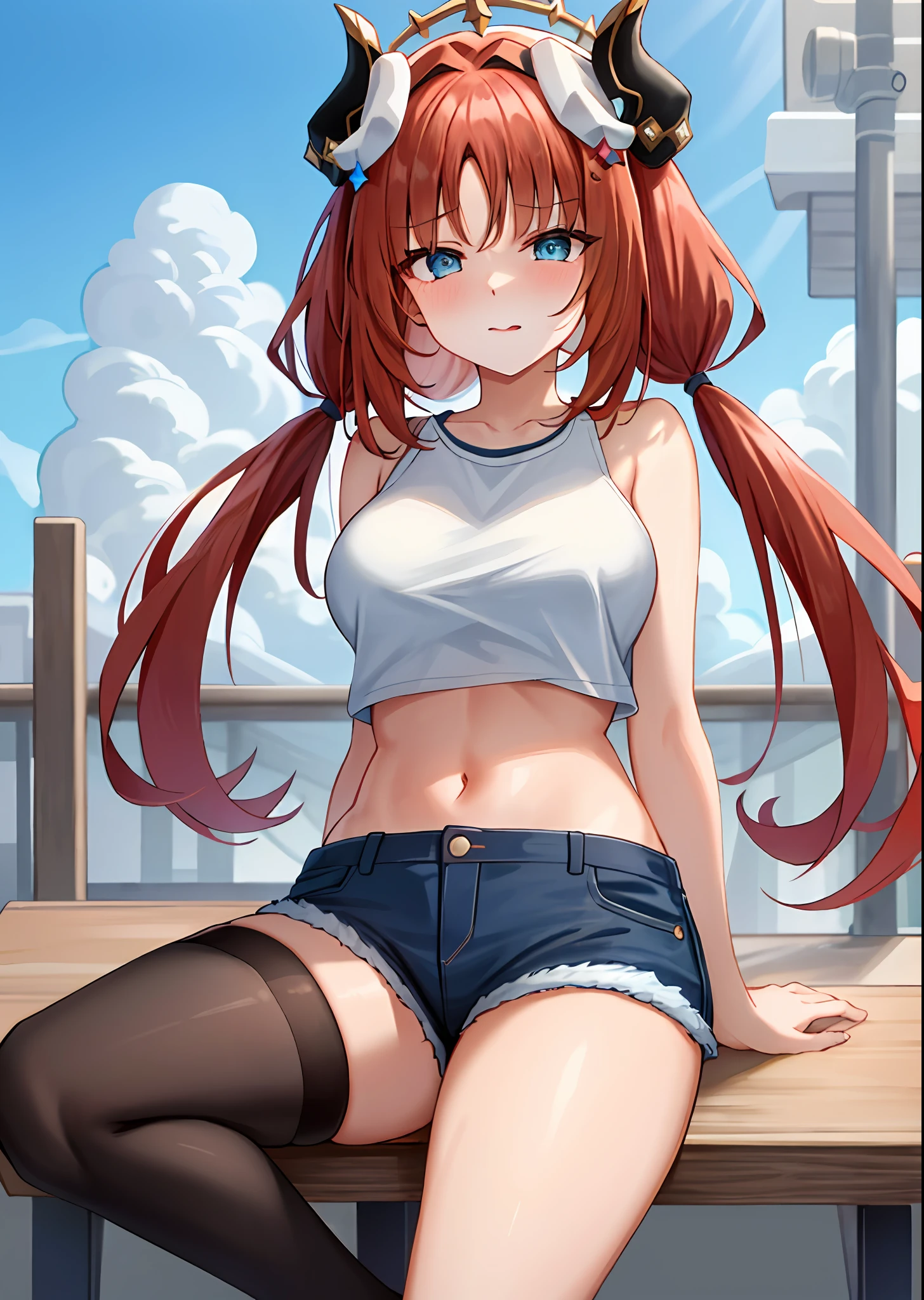 (masterpiece, best quality, ultra-detailed), nilou \(genshin impact\), (red hair), cone hair bun, twin tails, long hair, swept bangs, braid, braided bangs, blue eyes, blue eyes,
(wearing a t-shirt:1.2), sitting on a chair outside of caf, embracing the natural beauty, sunlight, beautiful cloudy sky, city, street, denim shorts, black stocking,
medium breasts, thick thighs, critical angle, cowboy shot, arm behind head, arm behind back, holding breasts, tongue out, crop top, strong and seductive expressions,,