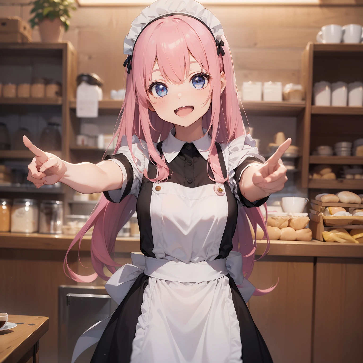(superfine illustration:1.2),(masutepiece, 8K), (Best Quality, High quality:1.4), portlate、((Super Pastel)),Perfect Anatomy, Hyper Detailed, ultra-detailliert,masterpiece background,beautiful detailed background, V8K Wallpapers,perfect design, 1girl in, Solo, (Outstretched arms,slender, Very short sleeves,Pink hair,maid, Outstanding smile、(Carrying lunch),frombelow, Cowboy Shot:1.2), (lightsmile, Open mouth, , Pink hair, (Super long hair,Twin-tailed), Blue eyes, Blue eyes, Black blouse, Short sleeves, maid apronl, white maid apron, Long black trousers, Long pants, long boots, Slender girl), (Inside a coffee shop in a fantasy world of medieval Europe)、order