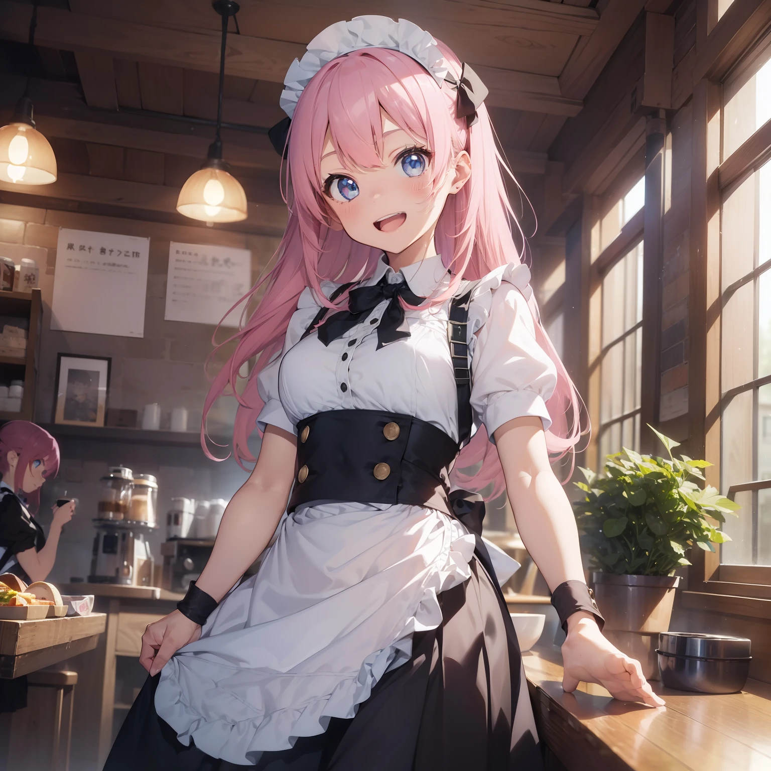 (superfine illustration:1.2),(masutepiece, 8K), (Best Quality, High quality:1.4), portlate、((Super Pastel)),Perfect ???????, Hyper Detailed, ultra-detailliert,masterpiece background,beautiful detailed background, V8K Wallpapers,perfect design, 1girl in, Solo, (Outstretched arms,slender, Very short sleeves,Pink hair,maid, Outstanding smile、(Carrying lunch),frombelow, Cowboy Shot:1.2), (lightsmile, Open mouth, 17 years old, Pink hair, (Super long hair,Twin-tailed), Blue eyes, Blue eyes, Black blouse, Short sleeves, maid apronl, white maid apron, Long black trousers, Long pants, long boots, Slender girl), (Inside a coffee shop in a fantasy world of medieval Europe)、order