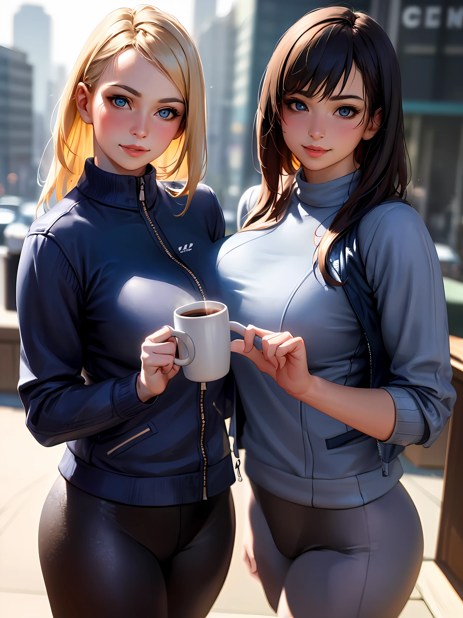 (masterpiece, best quality:1.4), (modern days), (cowboy shot), 1girl, solo, pov, sfw,
stunning girlfriend, (standing:1.1), dynamic pose, (white oversized sweater, knit sweater:1.4), (tight yoga pants, dark grey yoga pants:1.4), (short navy blue jacket, denim jacket:1.4), long blonde hair, swept bangs, heart shaped face, elegant face, beautiful face, highly detailed face, highly detailed skin, skin pores, subsurface scattering, (detailed blue eyes), realistic pupils, large breast, loving smile, looking at viewer, full face blush, full lips, holding a single coffee cup, centered,
coffee shop in background, city street, sunny day, wind, detailed background, depth of field, atmospheric perspective, volumetric lighting, sharp focus,
absurdres, realistic proportions, good anatomy, (realistic, hyperrealistic:1.4), 16k hdr,