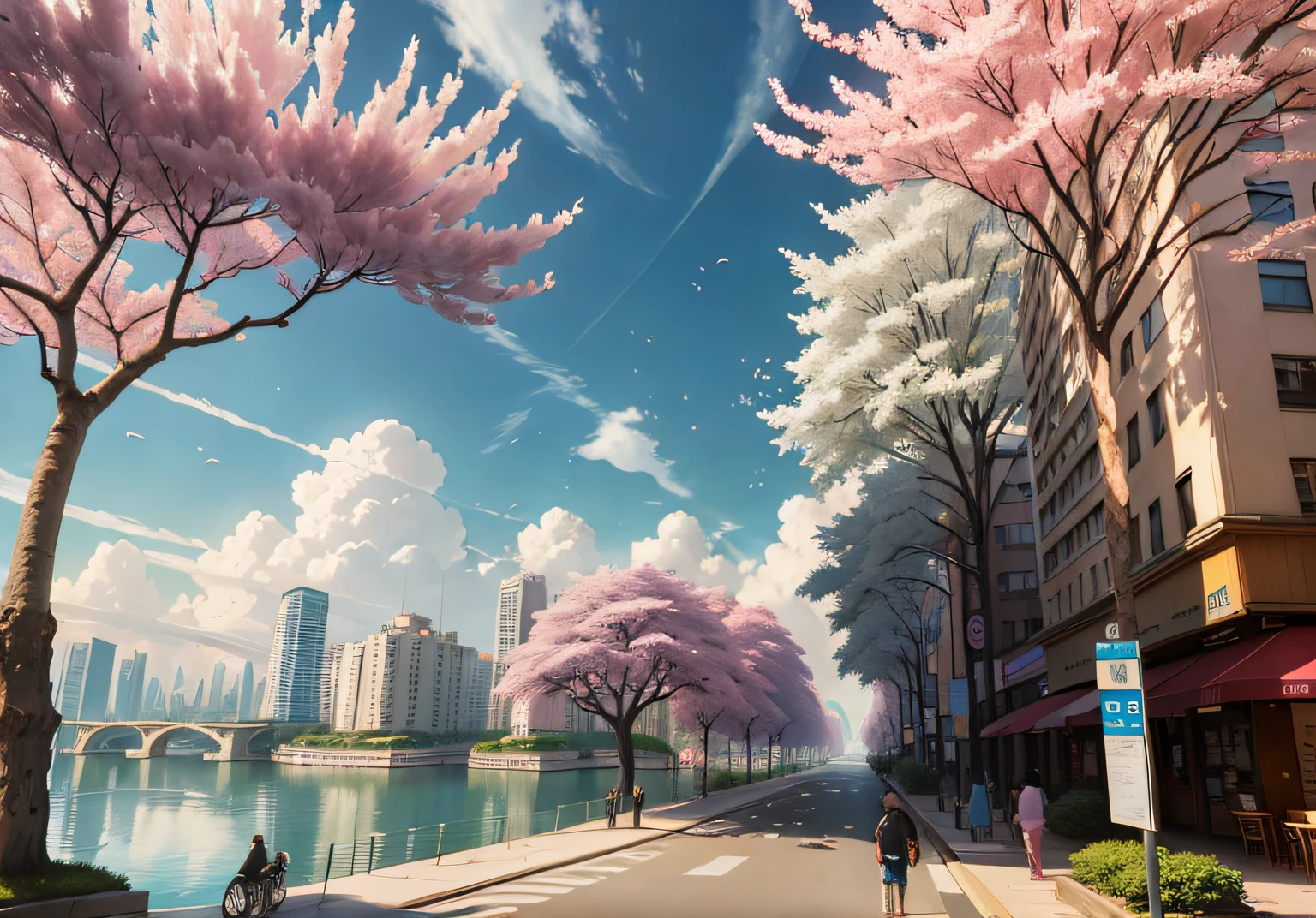 This picture depicts a city with many cherry trees, cherry trees, and lush cherry trees. The bustling tech architecture is beyond imagination. A sci-fi building in the distance, cherry blossom trees are in full bloom. Pink cherry blossoms are blooming everywhere. The surreal clouds, the breathtaking clouds, the few passers-by, and the details of the characters are all clear at a glance. Inspired by Makoto Shinkai's popular conceptual art and masterpiece on pixiv, foresight (wide-angle lens), ultra-high resolution (realism: 1.4), ultra-high res, (photo-impression: 1.48), ultra-high quality, extremely detailed CG Unity 8k wallpapers, aesthetics, award-winning photography, realism, high detail, intricate, exquisite animation scenes, and anime-style cityscapes. The art of traveling