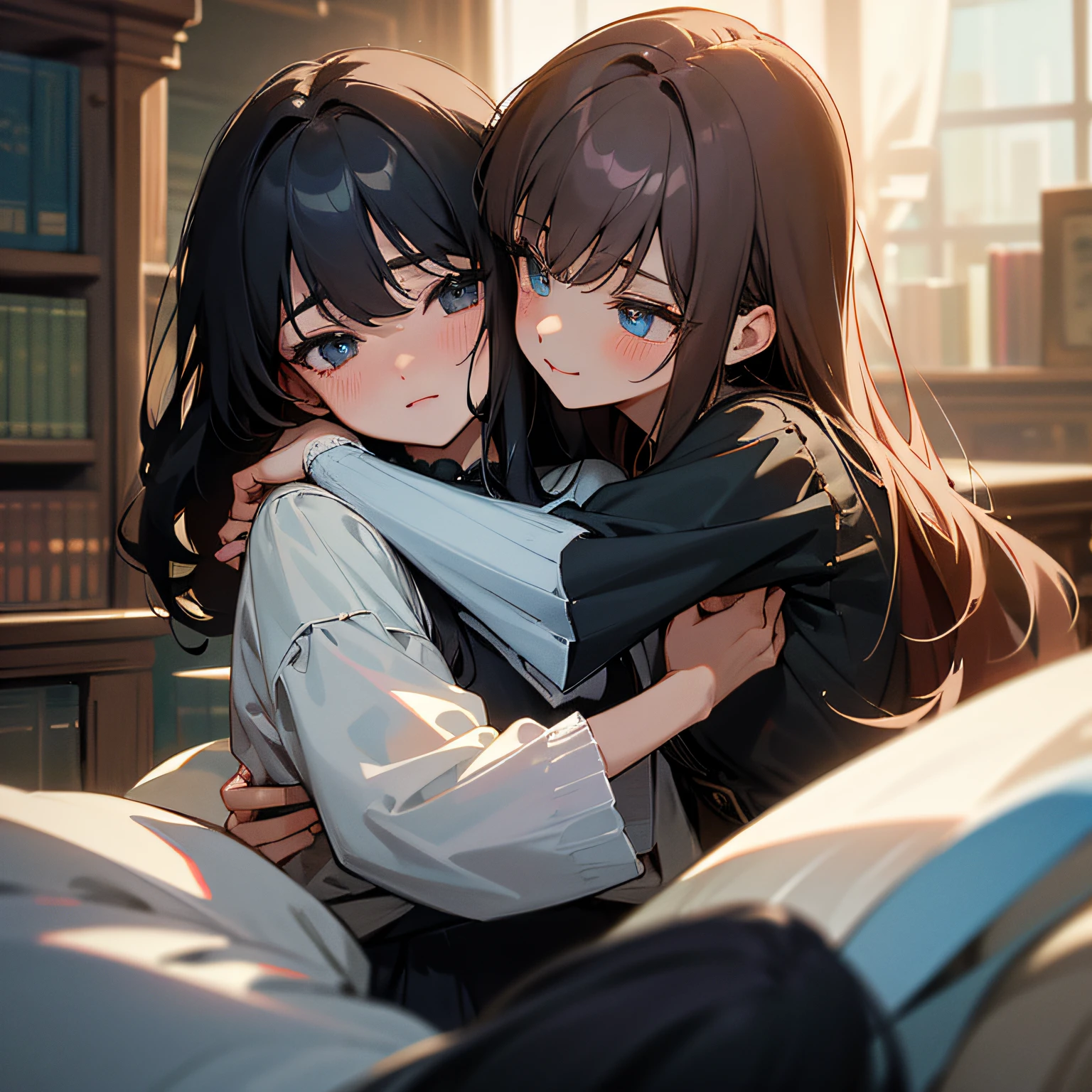 hight resolution,ultra-detailliert,Official art,Beauty and aesthetics,​masterpiece,best qualtiy,ighly detailed,Variegated,Most details、Shining eyes、Detailed eyes、face perfect、enigmatic、A dark-haired、night wear、atlibrary、Hugging each other、Two people staring at each other、laught、perplexed、Secret Aise、red blush