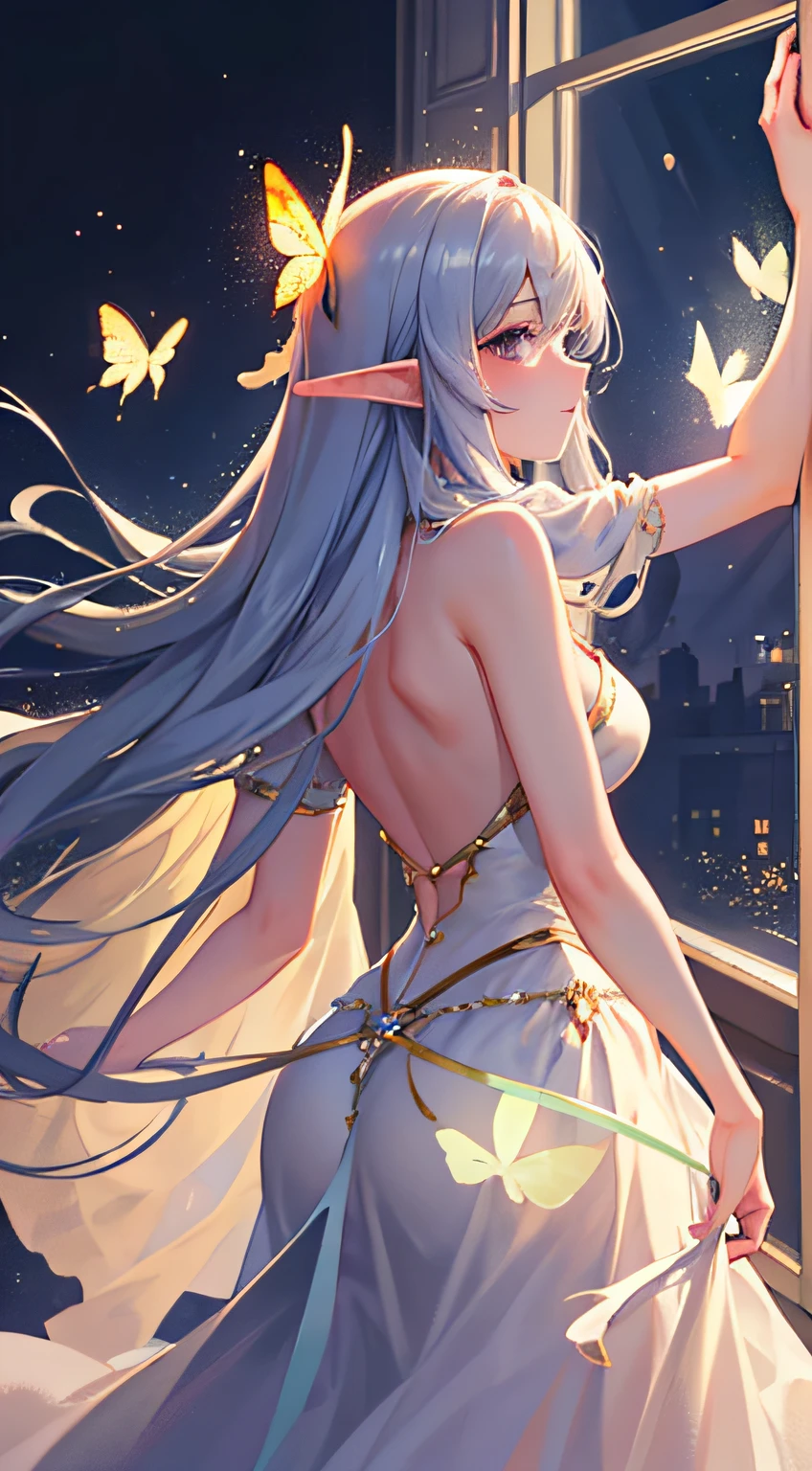 high high quality,tmasterpiece,Master masterpieces,Top CG rendering,yuki,Elf Girl,Her back,frontage,Butterfly lights,toplight,Side backlight,The light from the back window is backlighted,Crystal clear,long-focus,Large depth of field,Beautiful dress,high high quality,Noble and moving,Beautiful Elegant。