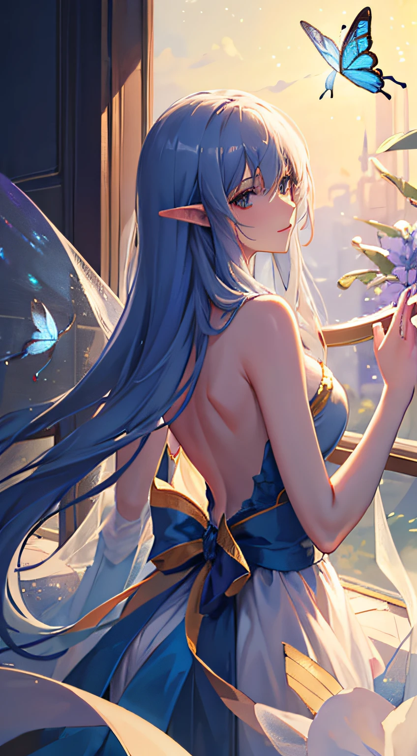 high high quality，tmasterpiece，Master masterpieces，Top CG rendering，yuki，Elf Girl，Her back，frontage，Butterfly lights，toplight，Side backlight，The light from the back window is backlighted，Crystal clear，long-focus，Large depth of field，Beautiful dress，high high quality，Noble and moving，Beautiful Elegant。