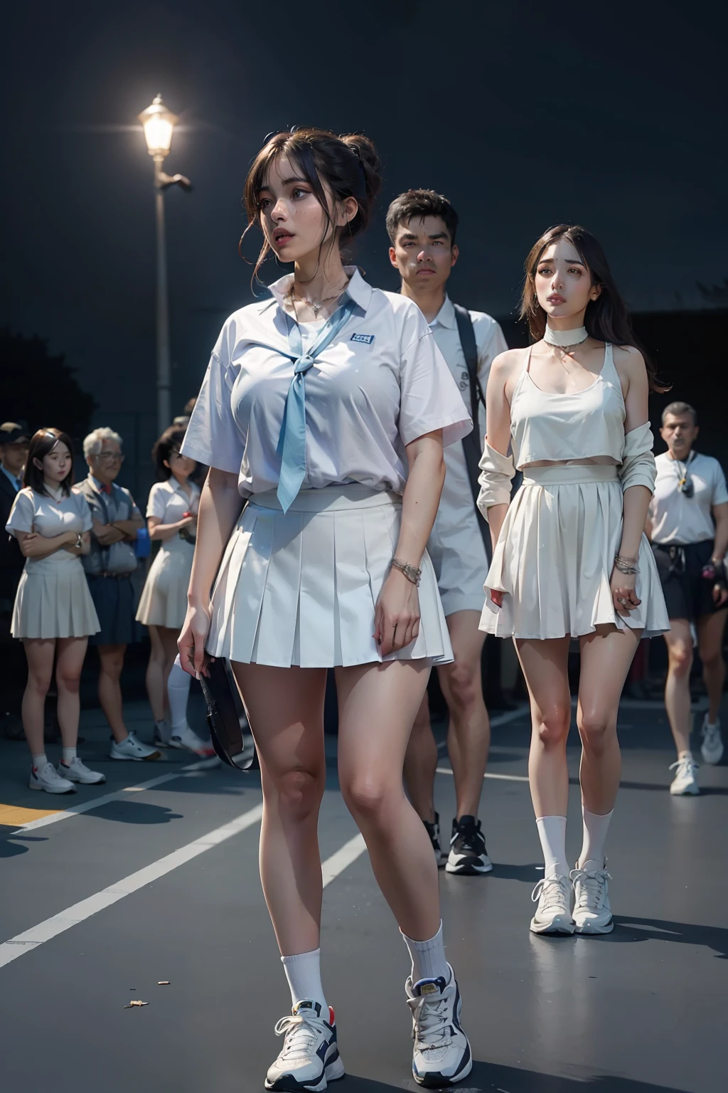 The highest quality shooting　、mid night　、School　、sports ground　、　Pale light blue tennis wear　、big crowd　、white  uniform　、White pleated skirt　Bib、a miniskirt、Two Women　、Middle-aged man　、Udder is small、Collar with a leash　、Cowboy Shot　、
、Looking away  、 ,from the thighs up、tiny chest、Portraits are prohibited　　Standing and walking　　、blushed face　、　Thin rope　　、Middle aged fat man　、above knee、looks to the side　　、Spread your legs apart　　　、Middle hair、Low angle full body photo　、Sad look、 Black hair, shining beautiful skin , Sweat, collar and chain accessories, beautiful black pupil and hair, Detailed expression　, beautidful eyes